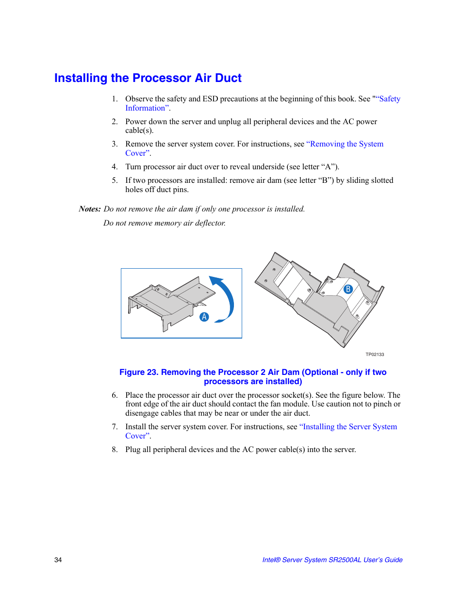 Installing the processor air duct, Do not remove memory air deflector | Intel SERVER SYSTEM SR2500AL User Manual | Page 56 / 210