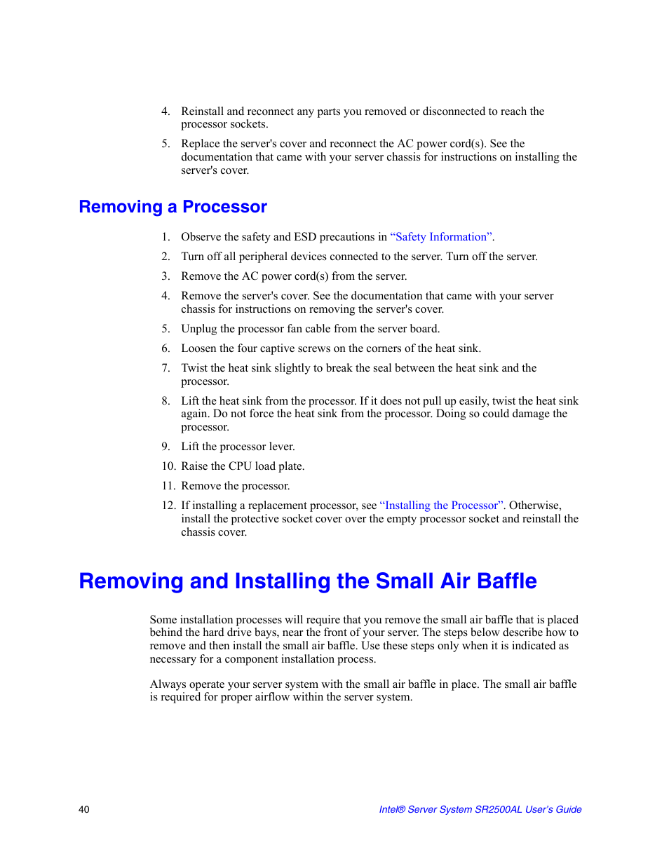 Removing a processor, Remove the ac power cord(s) from the server, Lift the processor lever | Raise the cpu load plate, Remove the processor, Removing and installing the small air baffle | Intel SERVER SYSTEM SR2500AL User Manual | Page 62 / 210