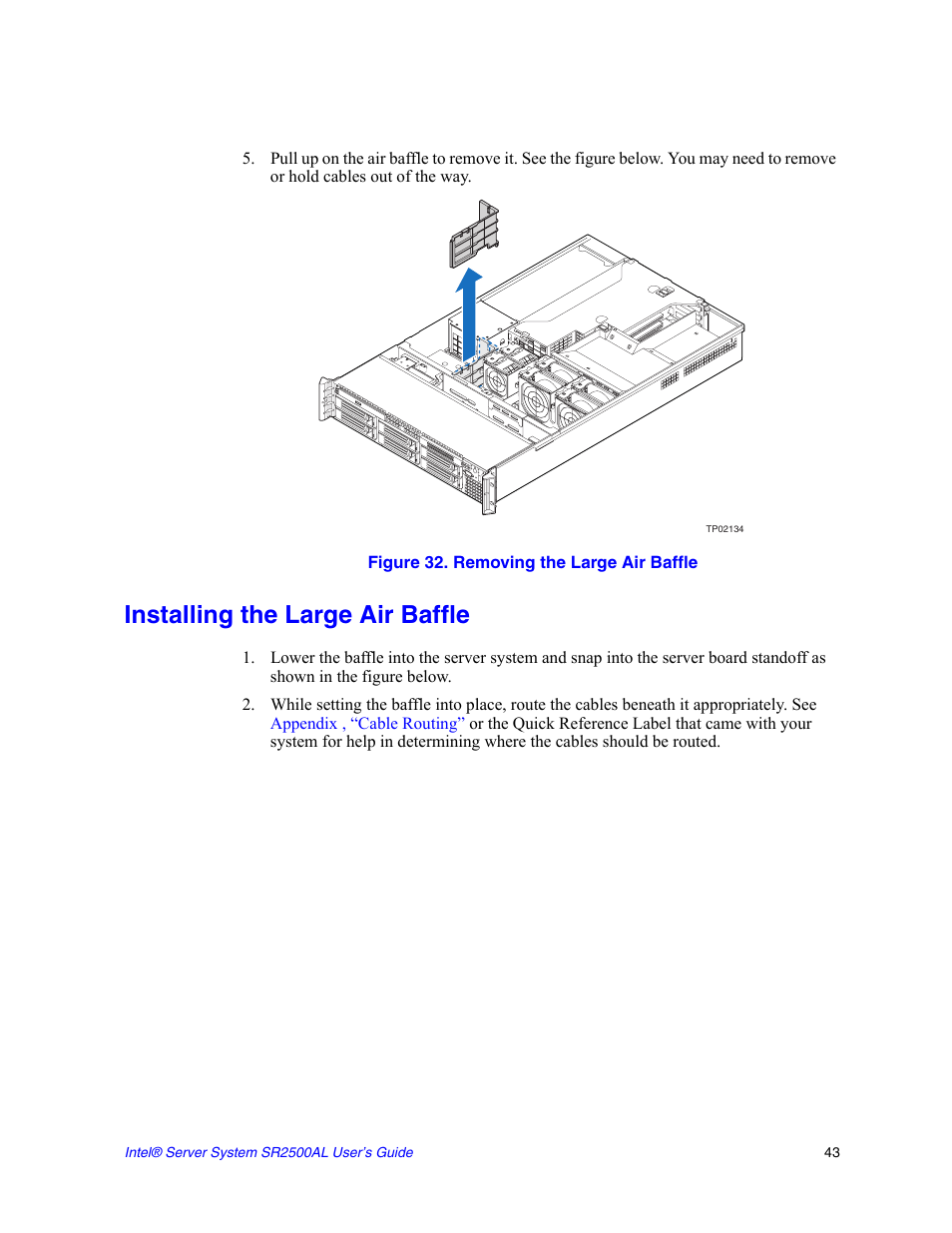 Figure 32. removing the large air baffle, Installing the large air baffle | Intel SERVER SYSTEM SR2500AL User Manual | Page 65 / 210