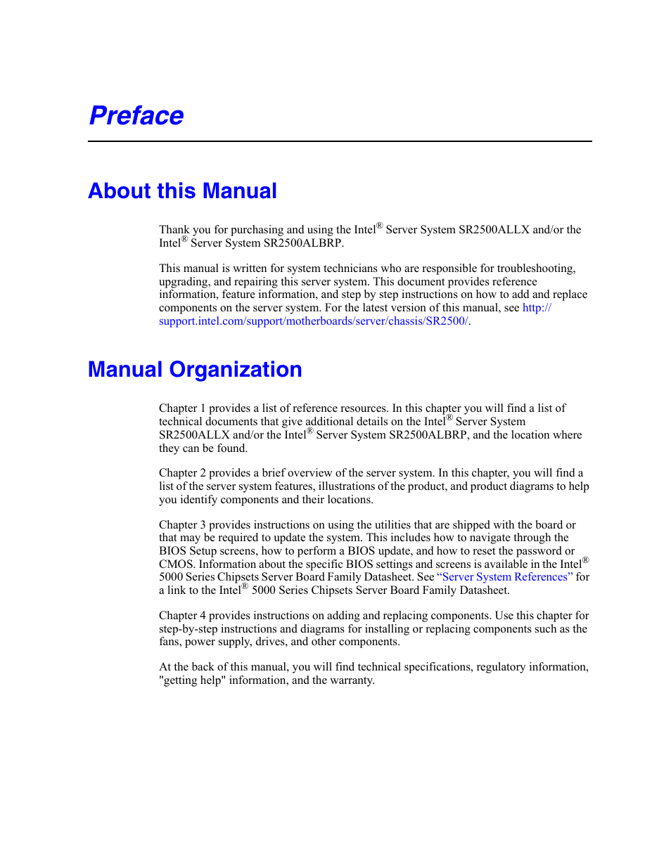 Preface, About this manual, Manual organization | Intel SERVER SYSTEM SR2500AL User Manual | Page 7 / 210