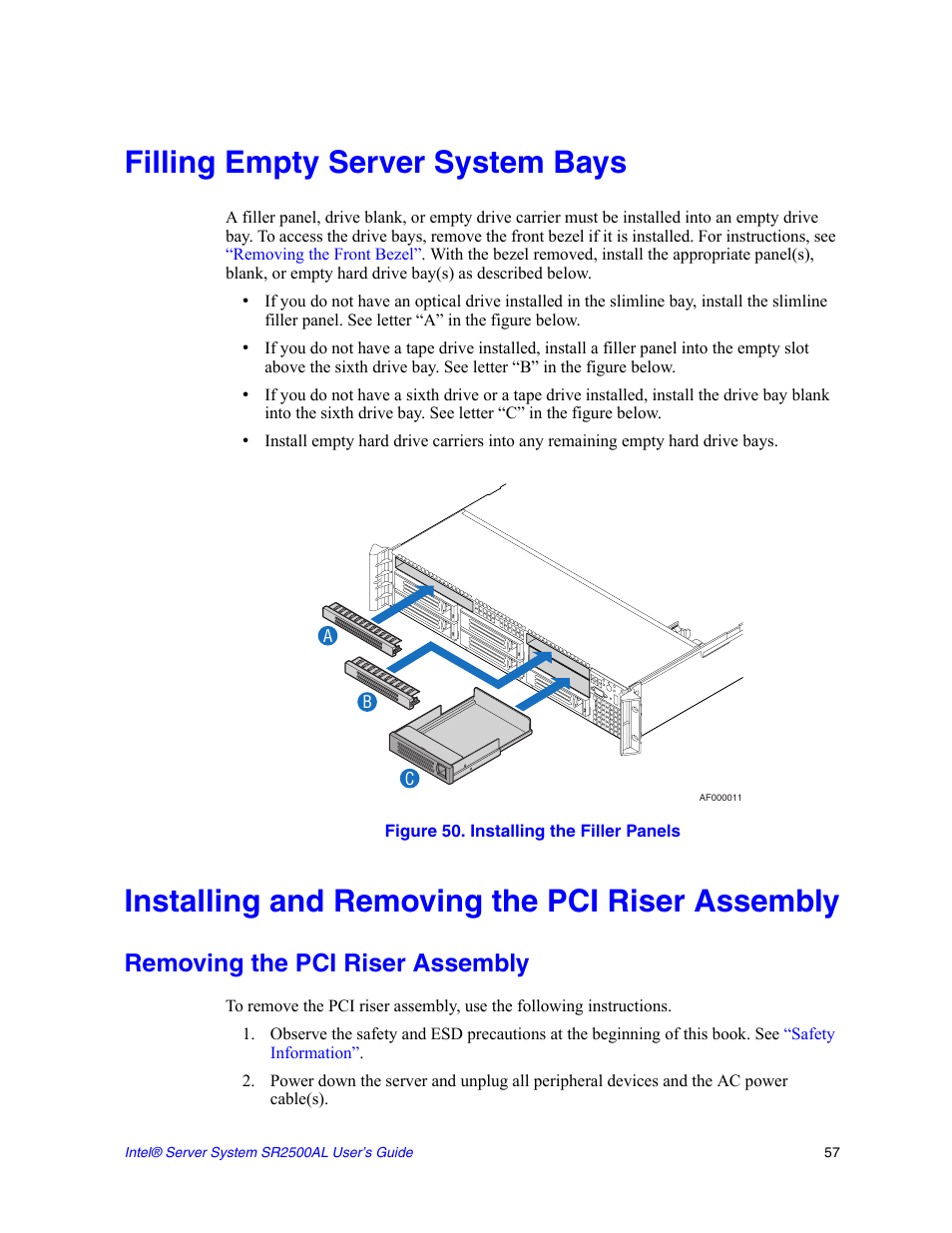 Filling empty server system bays, Figure 50. installing the filler panels, Installing and removing the pci riser assembly | Removing the pci riser assembly | Intel SERVER SYSTEM SR2500AL User Manual | Page 79 / 210