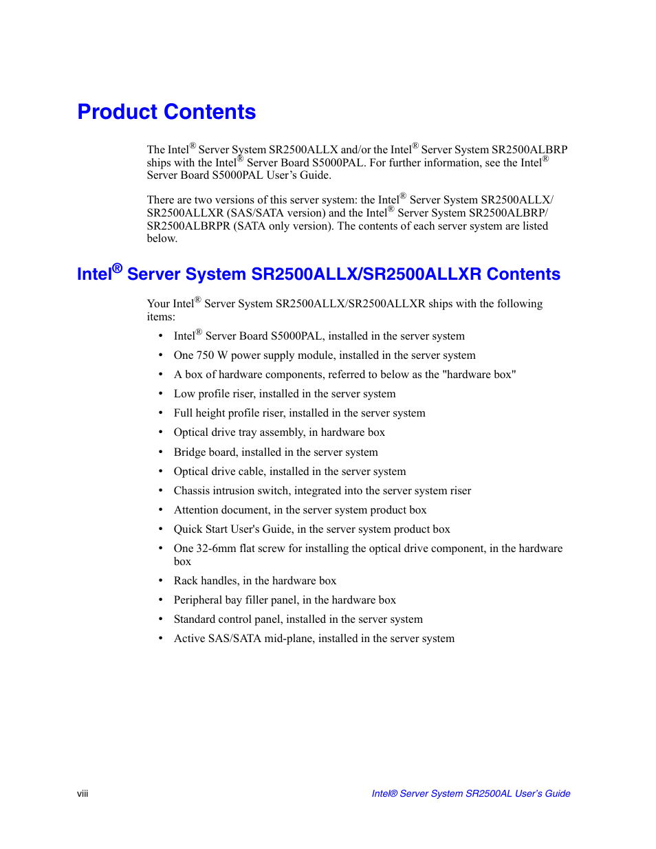 Product contents, Intel | Intel SERVER SYSTEM SR2500AL User Manual | Page 8 / 210
