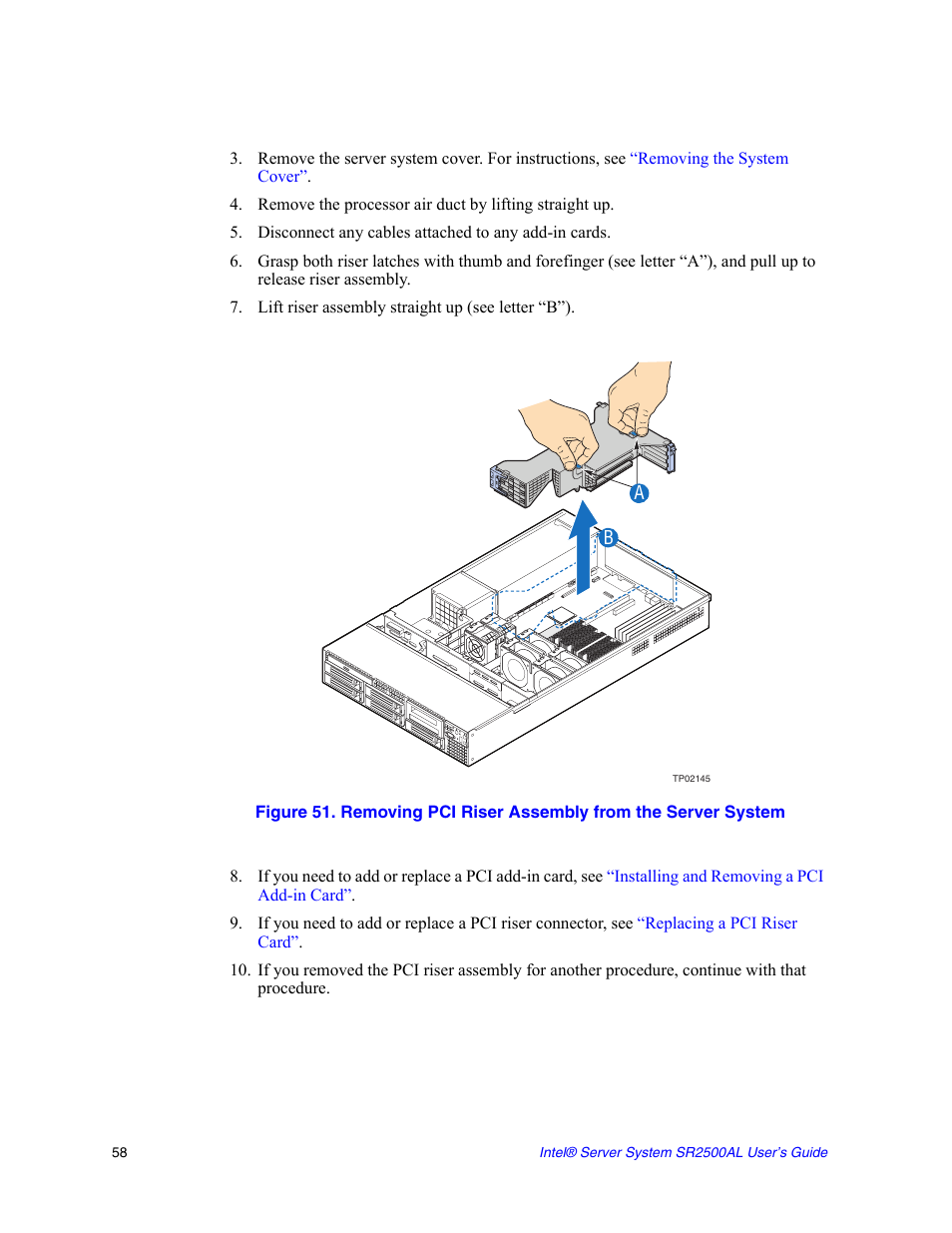 Disconnect any cables attached to any add-in cards, Lift riser assembly straight up (see letter “b”) | Intel SERVER SYSTEM SR2500AL User Manual | Page 80 / 210