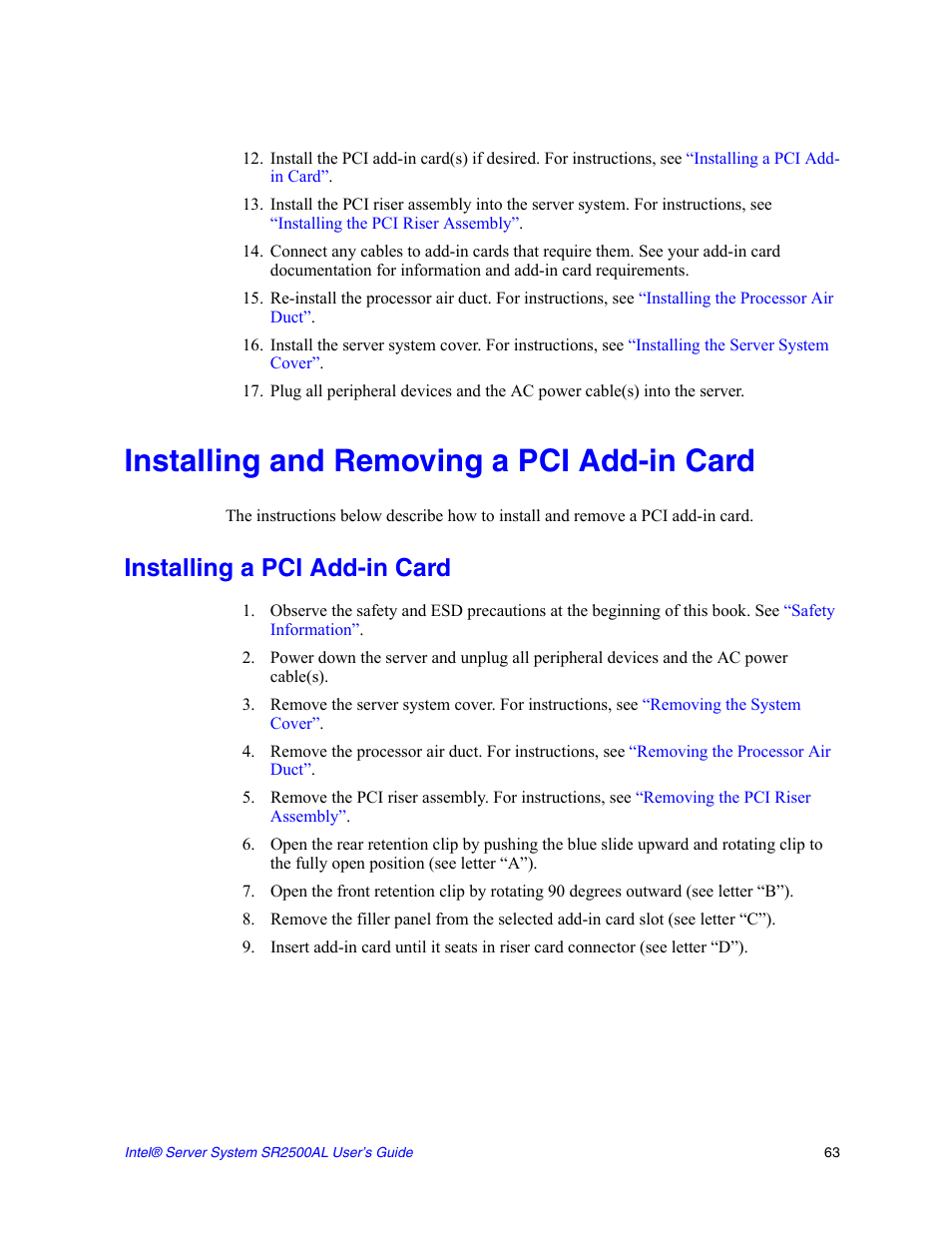 Installing and removing a pci add-in card, Installing a pci add-in card, Installing and removing a pci | Add-in card, Installing a pci add, In card | Intel SERVER SYSTEM SR2500AL User Manual | Page 85 / 210