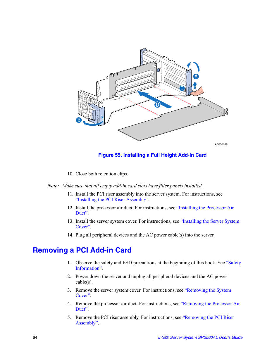 Figure 55. installing a full height add-in card, Close both retention clips, Removing a pci add-in card | Intel SERVER SYSTEM SR2500AL User Manual | Page 86 / 210