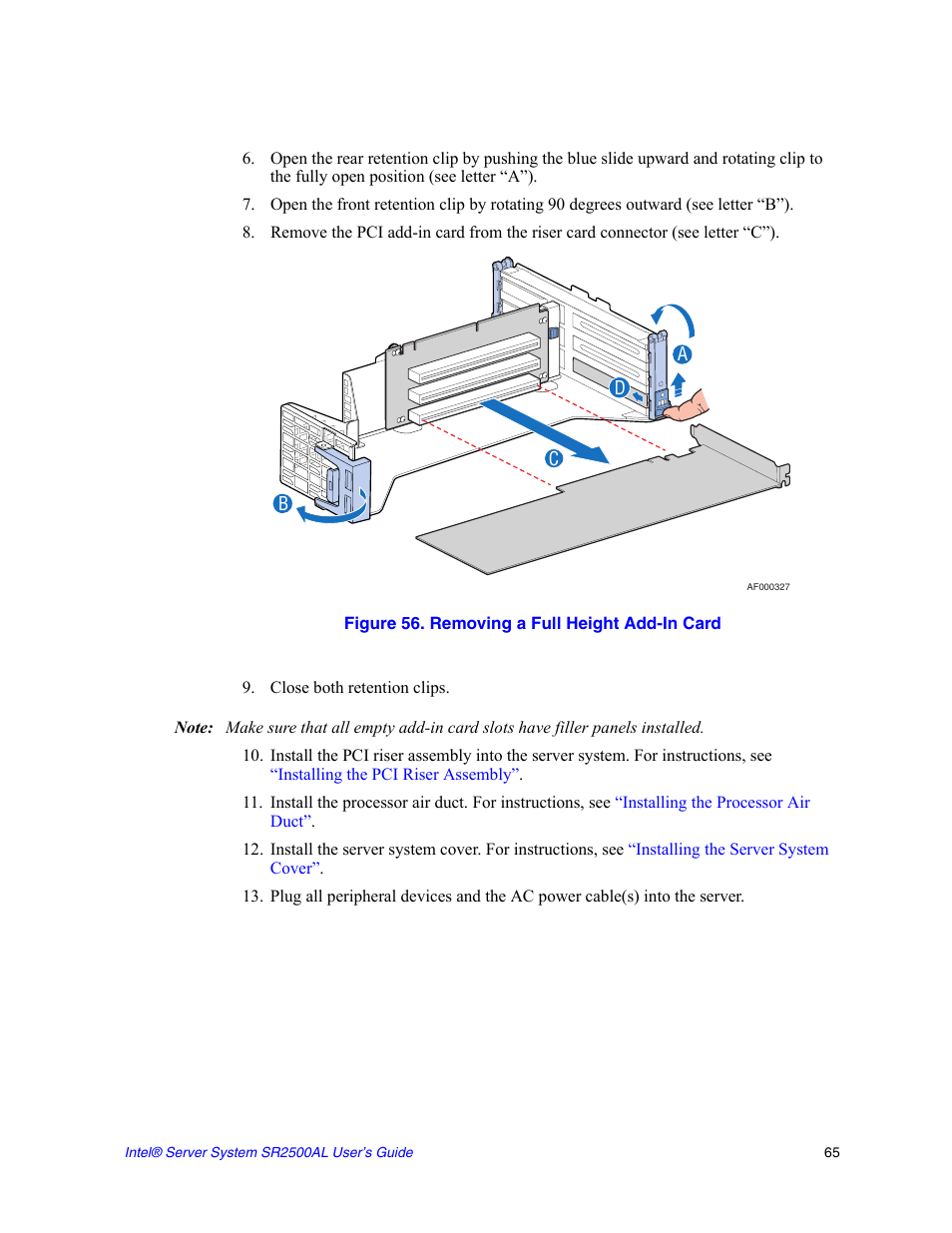 Figure 56. removing a full height add-in card, Close both retention clips | Intel SERVER SYSTEM SR2500AL User Manual | Page 87 / 210