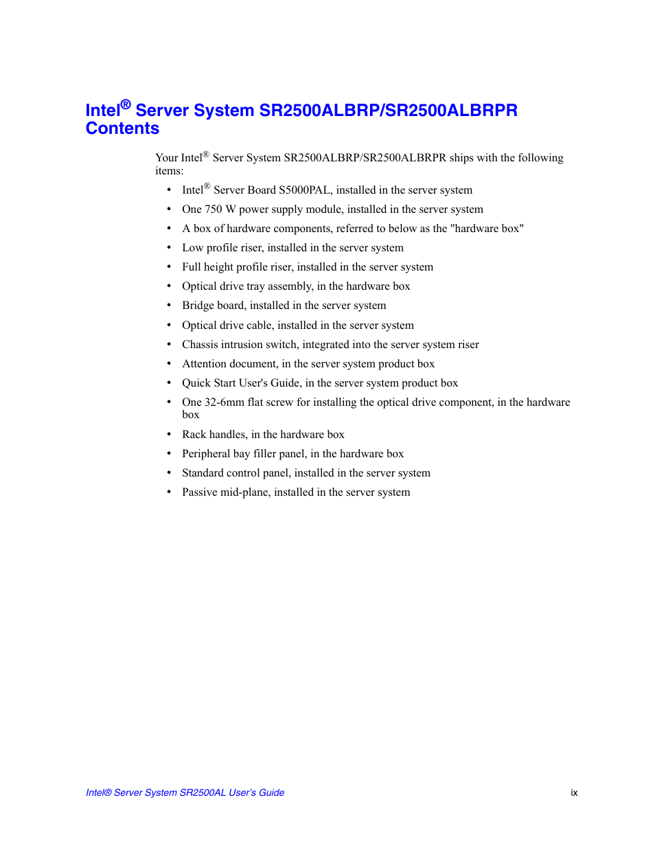 Intel | Intel SERVER SYSTEM SR2500AL User Manual | Page 9 / 210