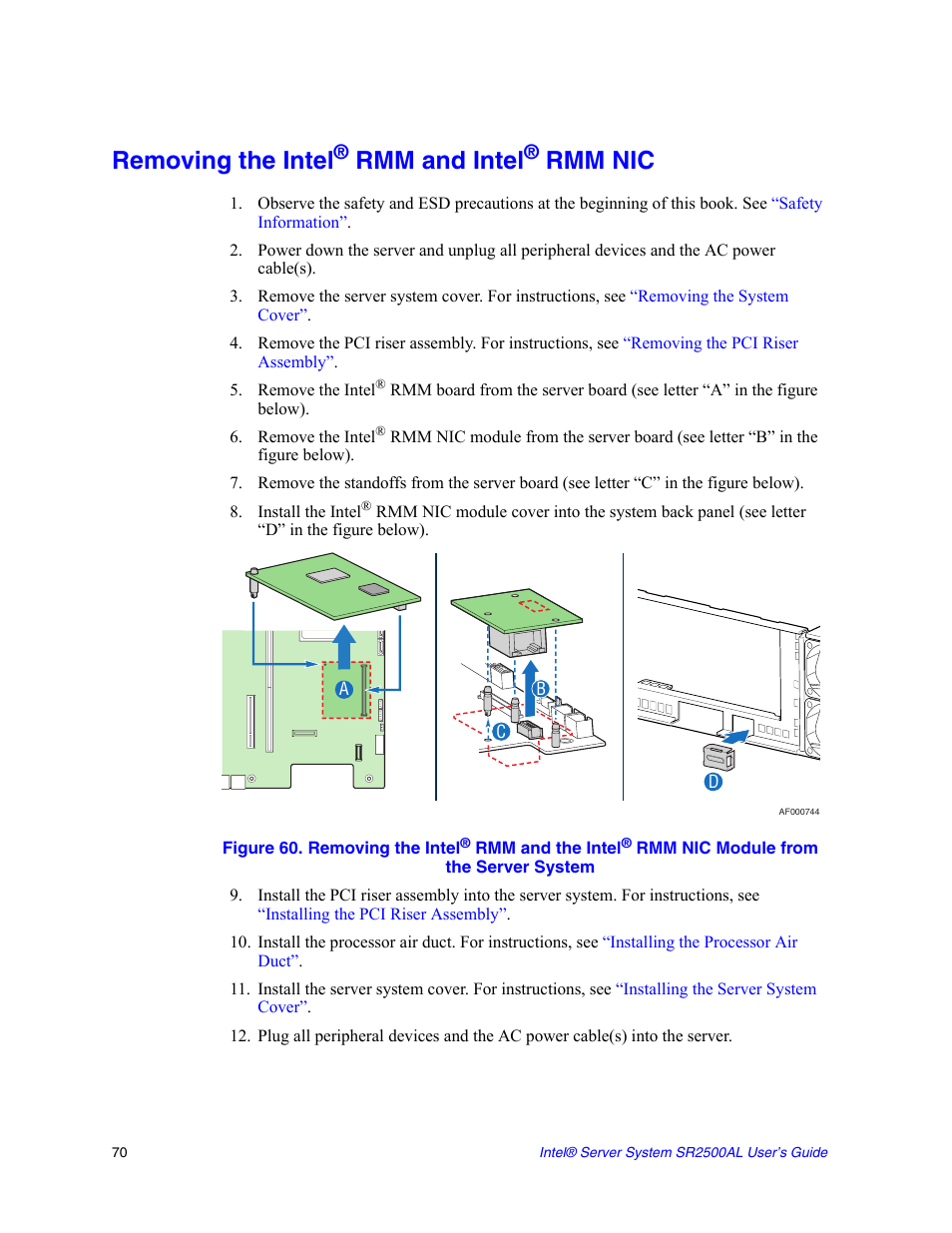 Removing the intel® rmm and intel® rmm nic, Figure 60. removing the intel, Removing the intel | Rmm and intel, Rmm nic | Intel SERVER SYSTEM SR2500AL User Manual | Page 92 / 210