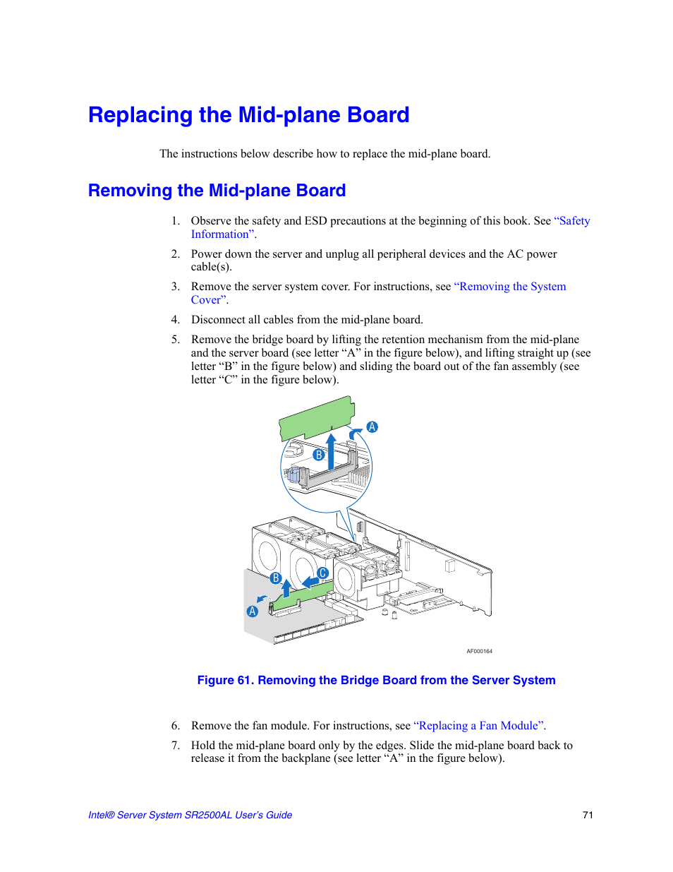 Replacing the mid-plane board, Removing the mid-plane board, Disconnect all cables from the mid-plane board | Intel SERVER SYSTEM SR2500AL User Manual | Page 93 / 210