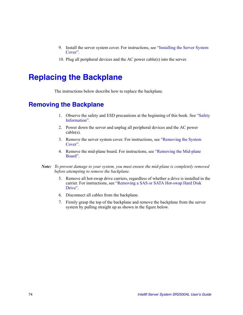 Replacing the backplane, Removing the backplane, Disconnect all cables from the backplane | Intel SERVER SYSTEM SR2500AL User Manual | Page 96 / 210