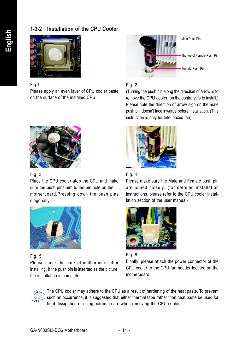 English, 3-2 installation of the cpu cooler | Intel GA-N680SLI-DQ6 User Manual | Page 14 / 112