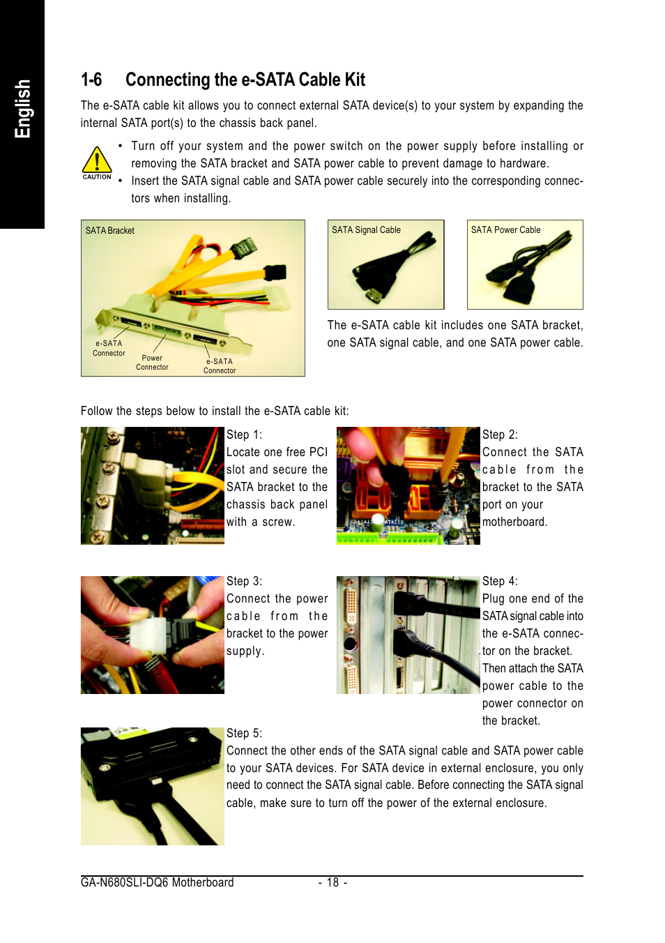 English, 6 connecting the e-sata cable kit | Intel GA-N680SLI-DQ6 User Manual | Page 18 / 112