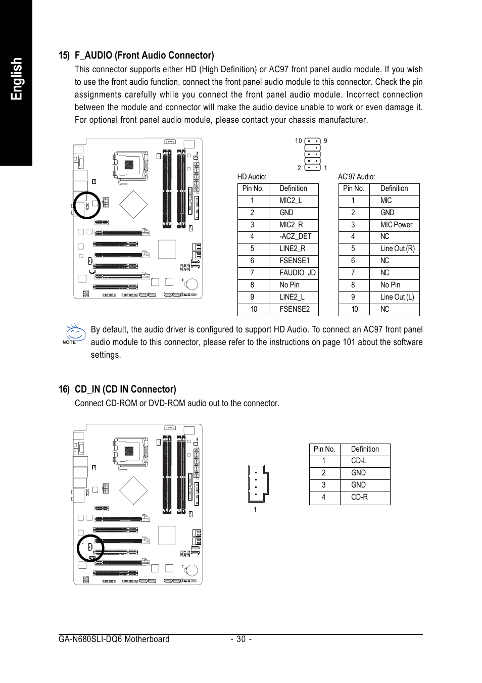 English, 16) cd_in (cd in connector), 15) f_audio (front audio connector) | Intel GA-N680SLI-DQ6 User Manual | Page 30 / 112