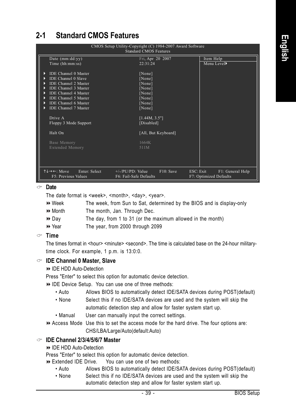 English, 1 standard cmos features, Date | Time, Ide channel 0 master, slave | Intel GA-N680SLI-DQ6 User Manual | Page 39 / 112