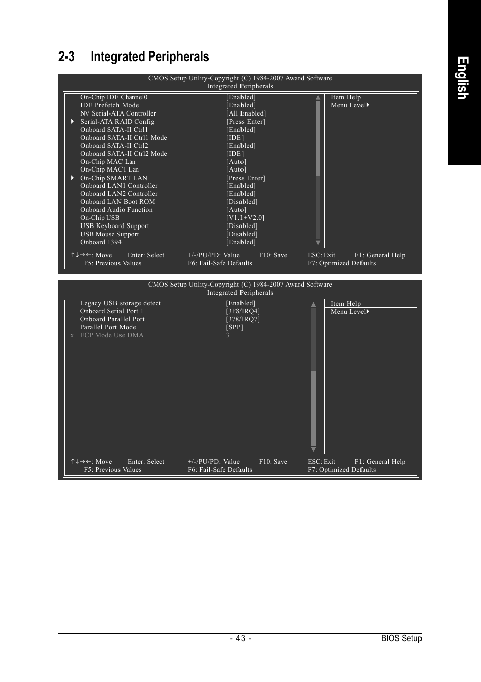 English, 3 integrated peripherals, Bios setup - 43 | Intel GA-N680SLI-DQ6 User Manual | Page 43 / 112