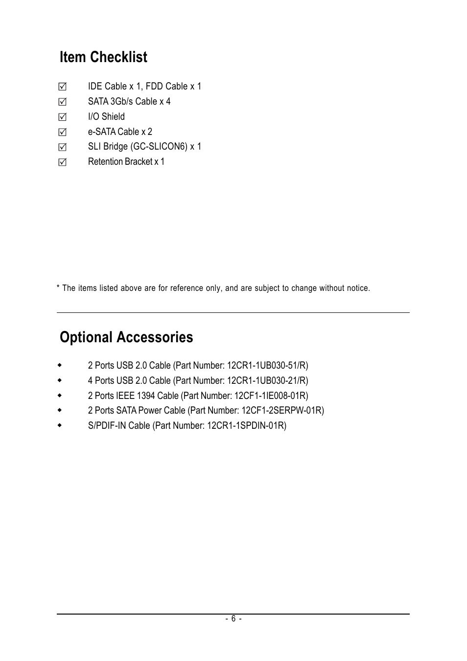 Item checklist, Optional accessories | Intel GA-N680SLI-DQ6 User Manual | Page 6 / 112