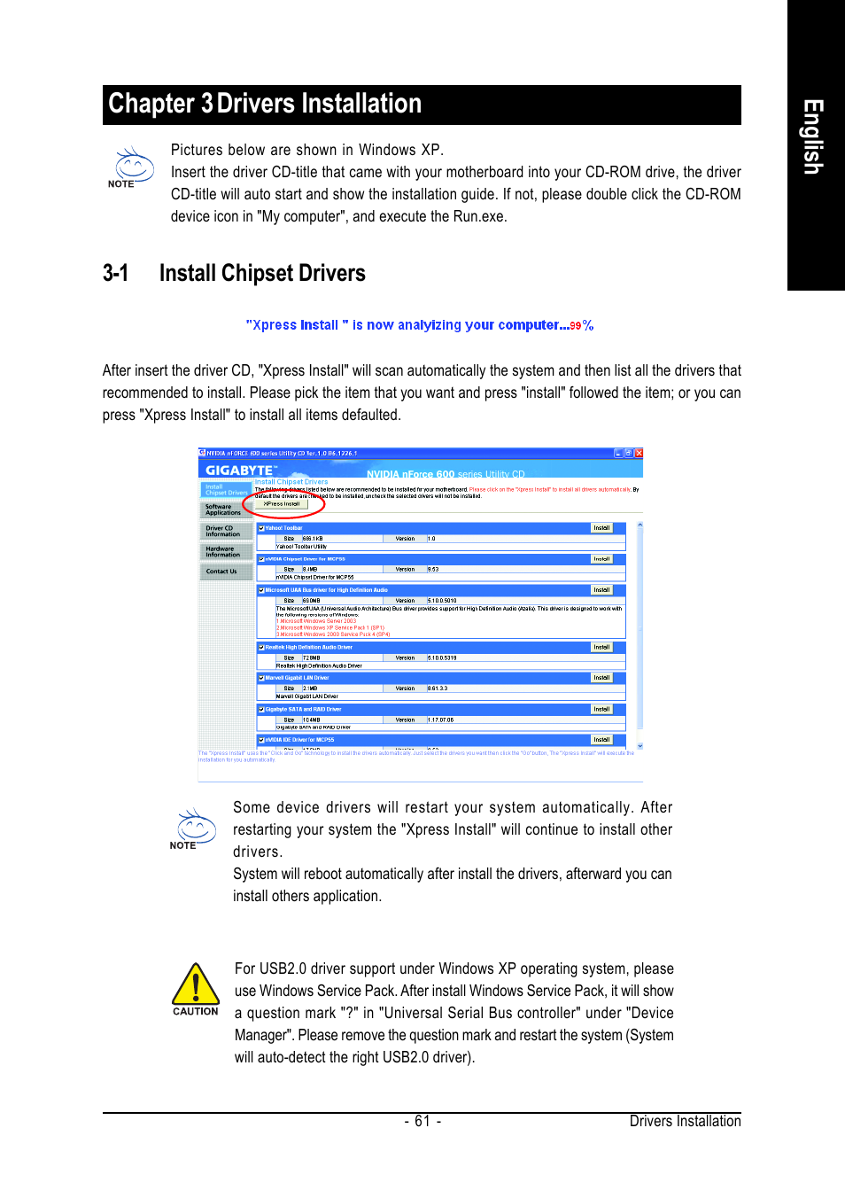 Chapter 3drivers installation, English, 1 install chipset drivers | Intel GA-N680SLI-DQ6 User Manual | Page 61 / 112