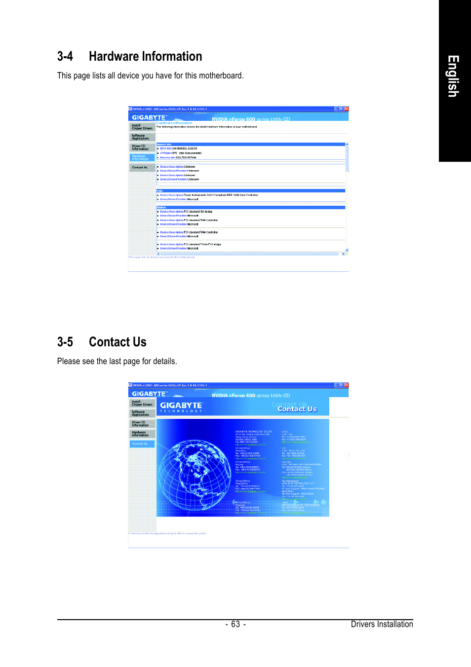 English, 4 hardware information, 5 contact us | Intel GA-N680SLI-DQ6 User Manual | Page 63 / 112