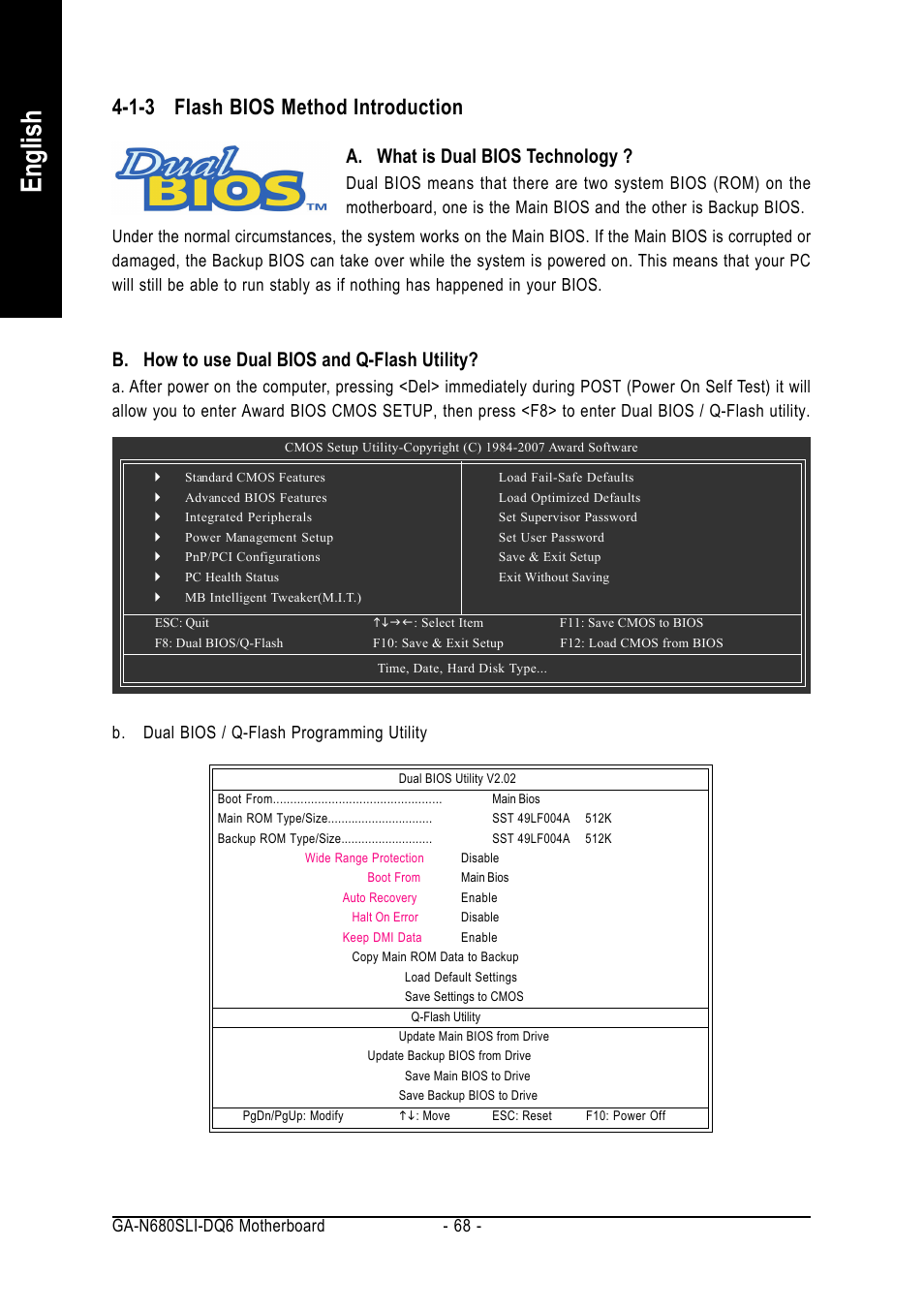 English, 1-3 flash bios method introduction, A. what is dual bios technology | B. how to use dual bios and q-flash utility | Intel GA-N680SLI-DQ6 User Manual | Page 68 / 112
