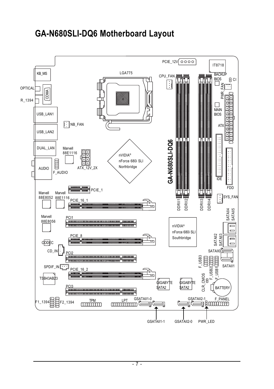 Ga-n680sli-dq6 motherboard layout, Ga-n680sli-dq6 | Intel GA-N680SLI-DQ6 User Manual | Page 7 / 112