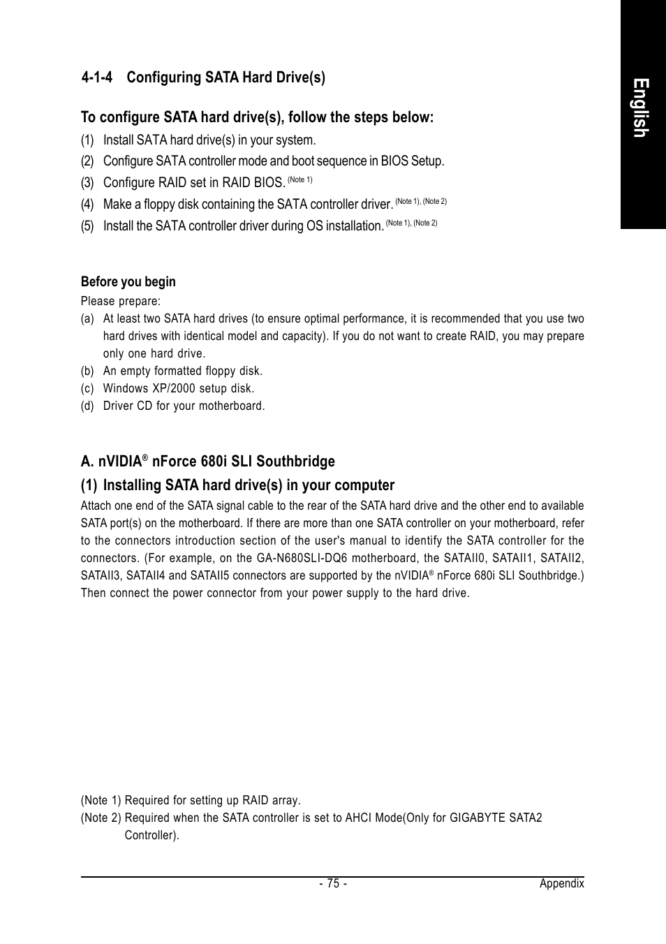 English, A. nvidia, 1-4 configuring sata hard drive(s) | Intel GA-N680SLI-DQ6 User Manual | Page 75 / 112