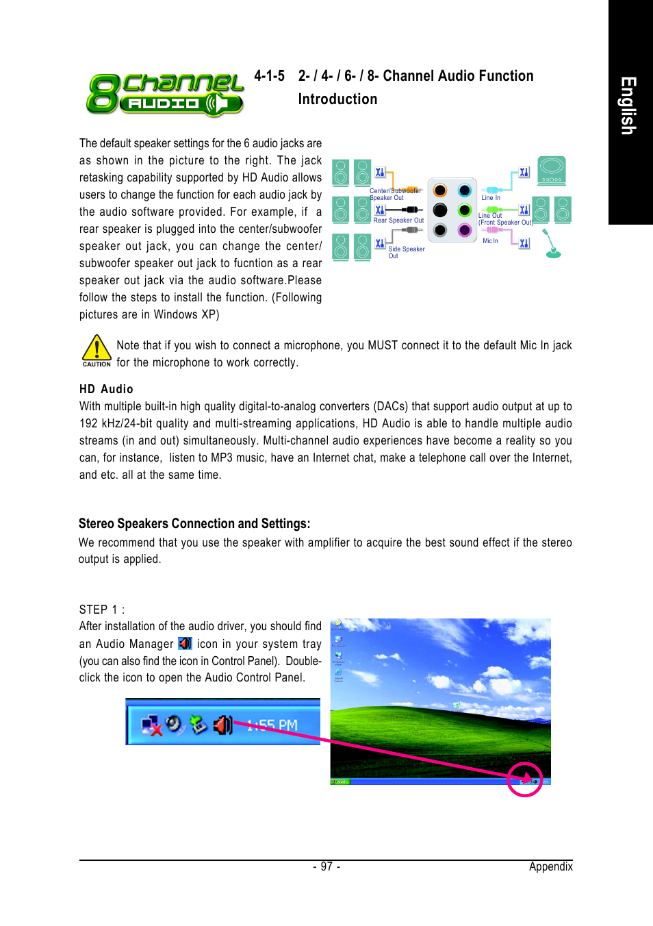 English, Stereo speakers connection and settings | Intel GA-N680SLI-DQ6 User Manual | Page 97 / 112