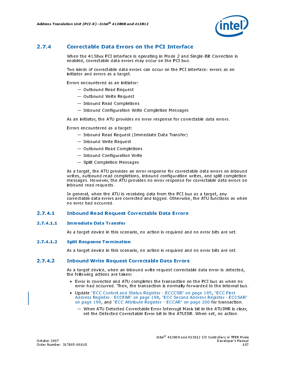 4 correctable data errors on the pci interface, 1 inbound read request correctable data errors, 1 immediate data transfer | 2 split response termination, 2 inbound write request correctable data errors, Immediate data transfer, Split response termination | Intel CONTROLLERS 413808 User Manual | Page 107 / 824