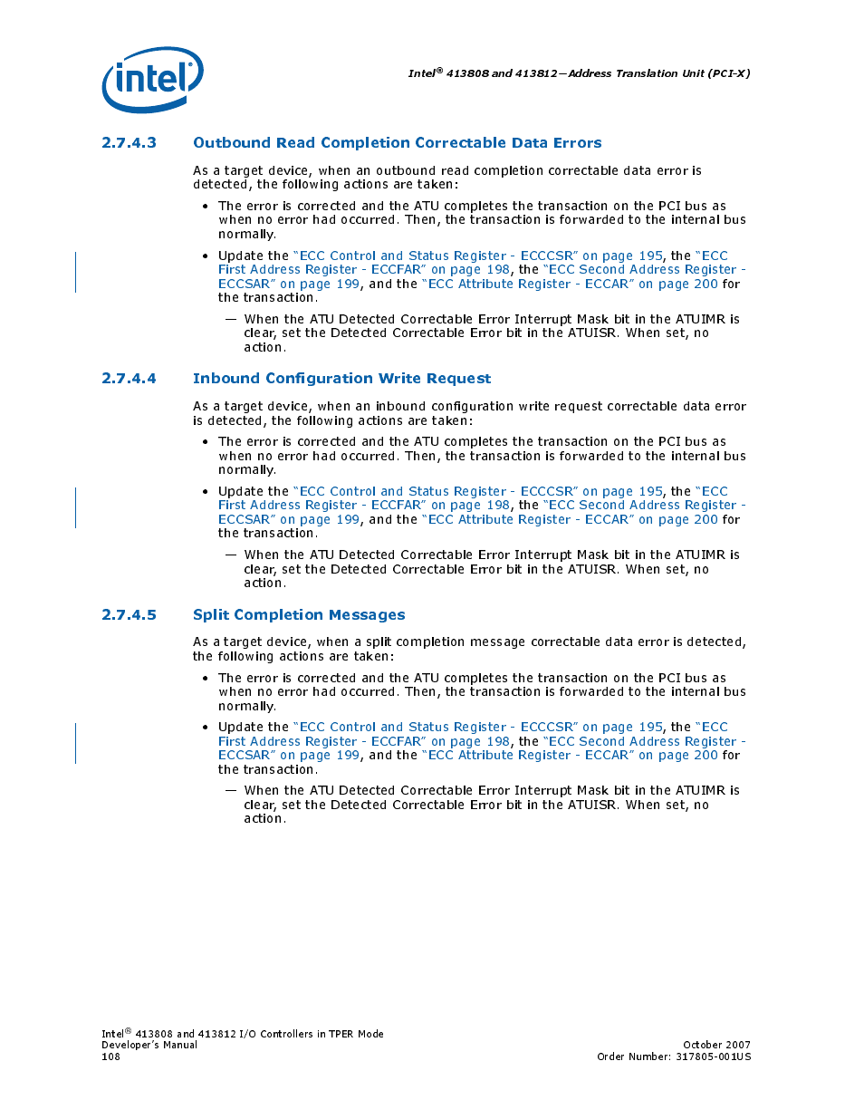 3 outbound read completion correctable data errors, 4 inbound configuration write request, 5 split completion messages | Intel CONTROLLERS 413808 User Manual | Page 108 / 824