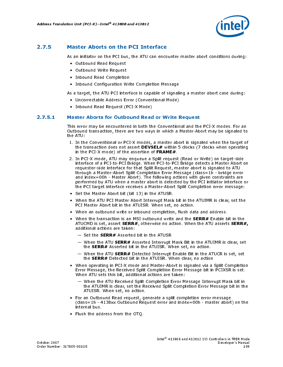5 master aborts on the pci interface, 1 master aborts for outbound read or write request, Section 2.7.5 | Intel CONTROLLERS 413808 User Manual | Page 109 / 824