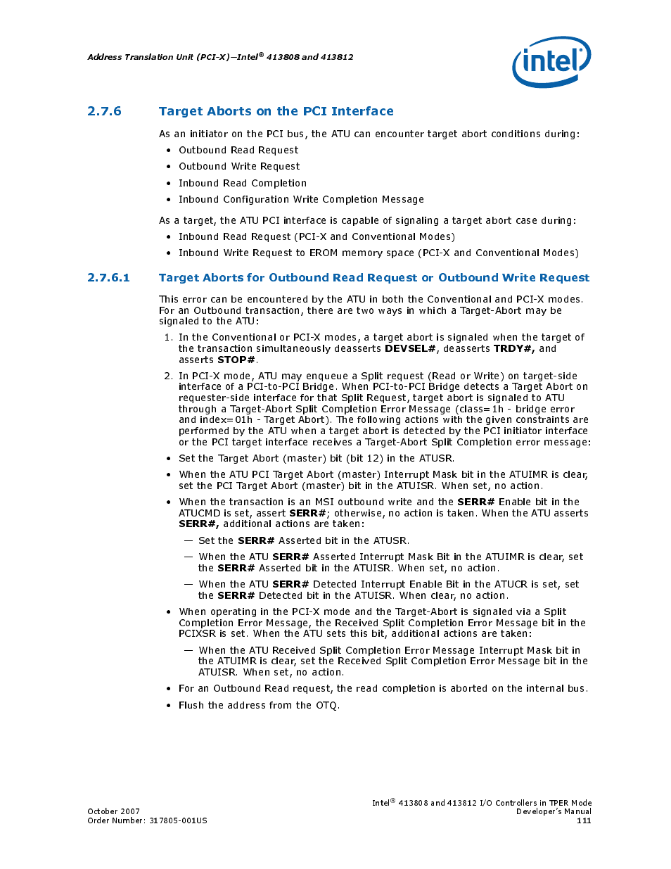 6 target aborts on the pci interface, Section 2.7.6 | Intel CONTROLLERS 413808 User Manual | Page 111 / 824
