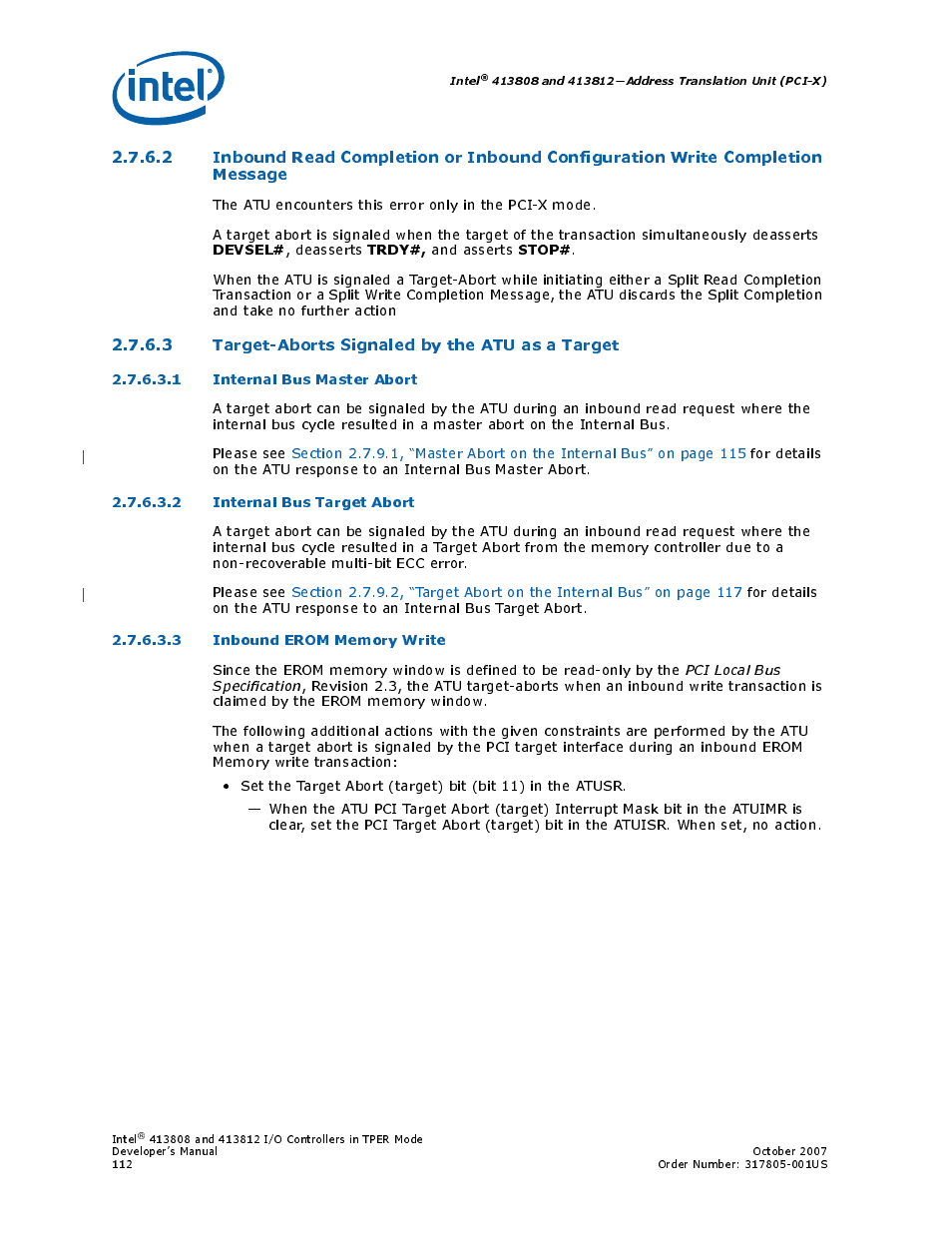 3 target-aborts signaled by the atu as a target, 1 internal bus master abort, 2 internal bus target abort | 3 inbound erom memory write, Message112, Internal bus master abort, Internal bus target abort, Inbound erom memory write | Intel CONTROLLERS 413808 User Manual | Page 112 / 824