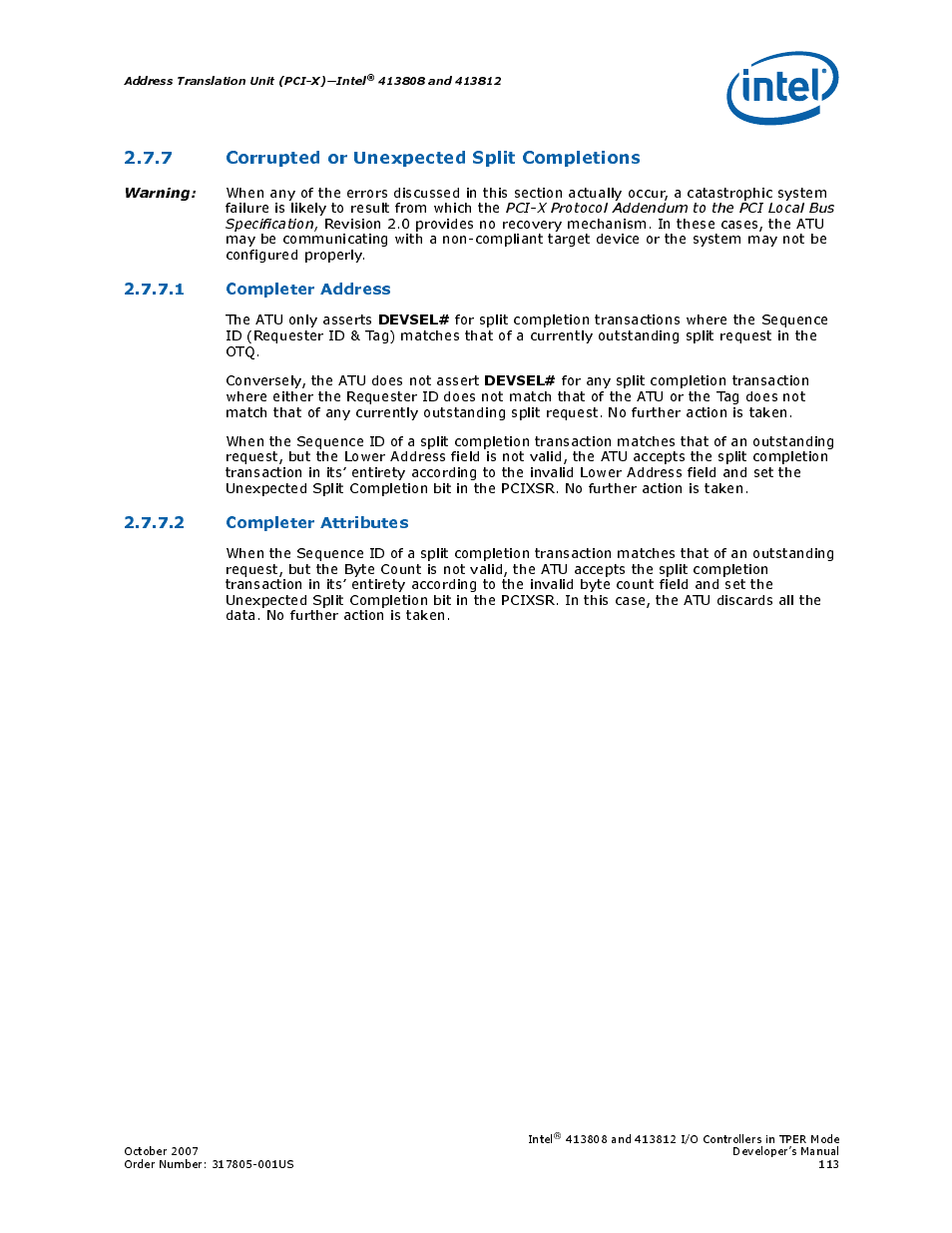 7 corrupted or unexpected split completions, 1 completer address, 2 completer attributes | Intel CONTROLLERS 413808 User Manual | Page 113 / 824
