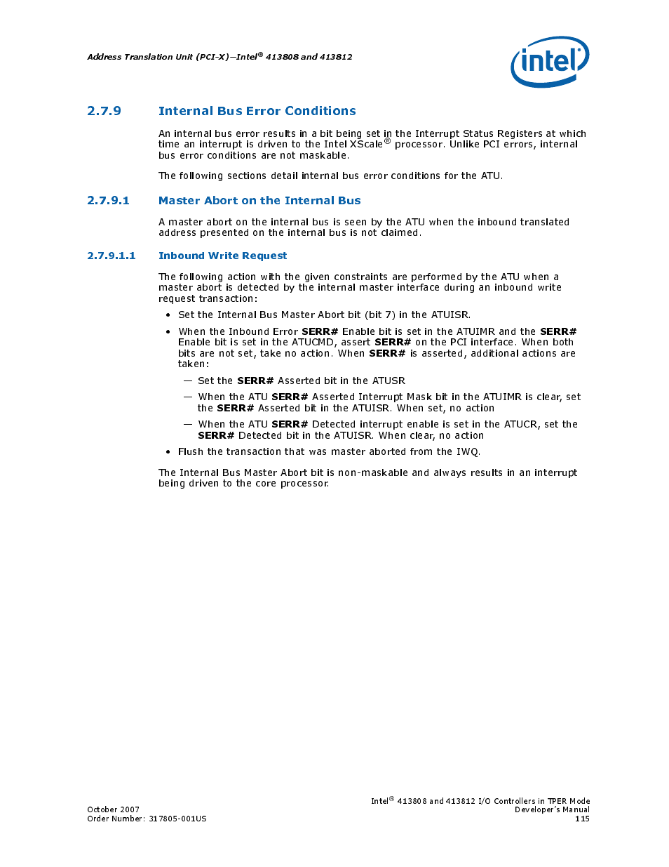 9 internal bus error conditions, 1 master abort on the internal bus, 1 inbound write request | Inbound write request, Section | Intel CONTROLLERS 413808 User Manual | Page 115 / 824