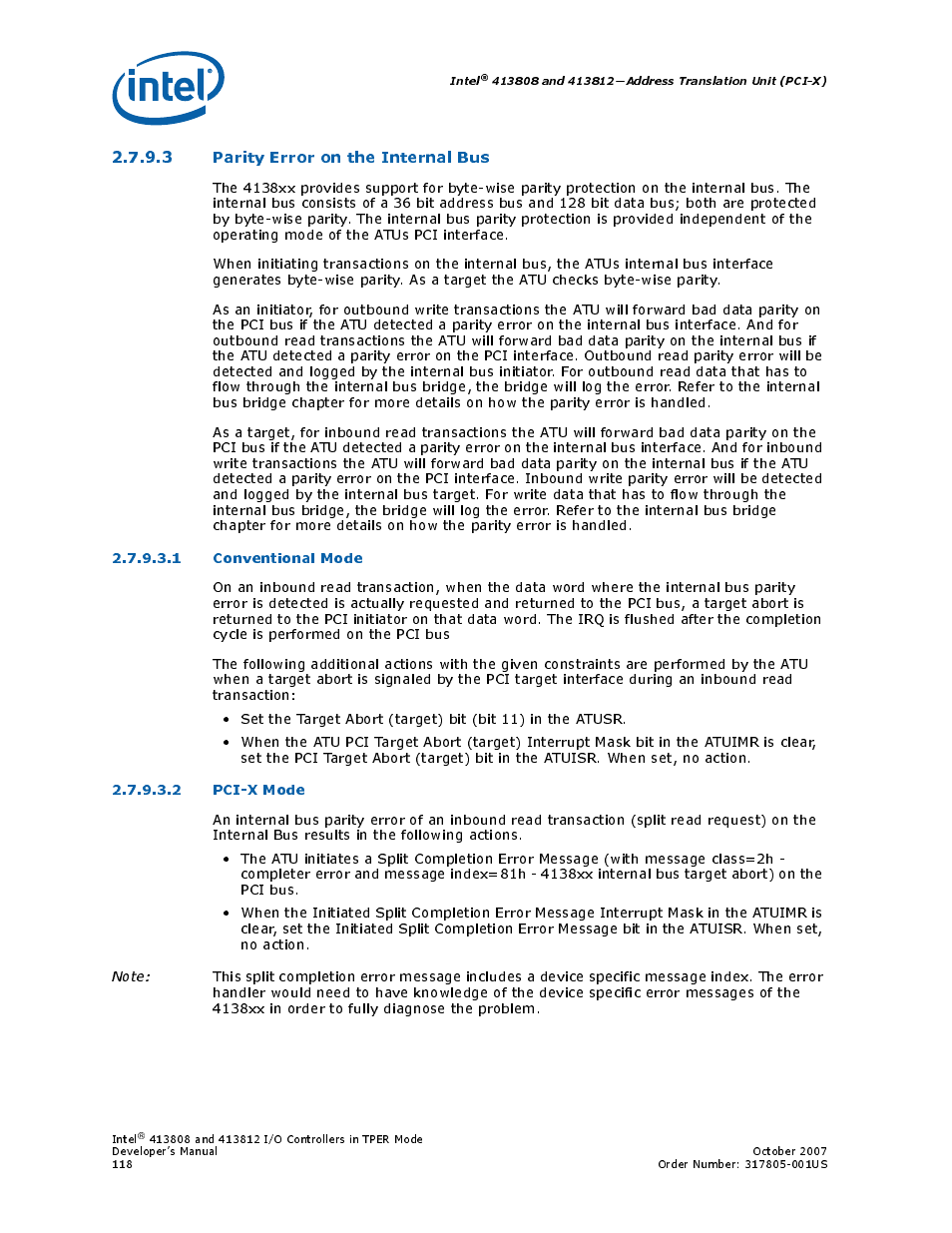 3 parity error on the internal bus, 1 conventional mode, 2 pci-x mode | Conventional mode, Pci-x mode | Intel CONTROLLERS 413808 User Manual | Page 118 / 824