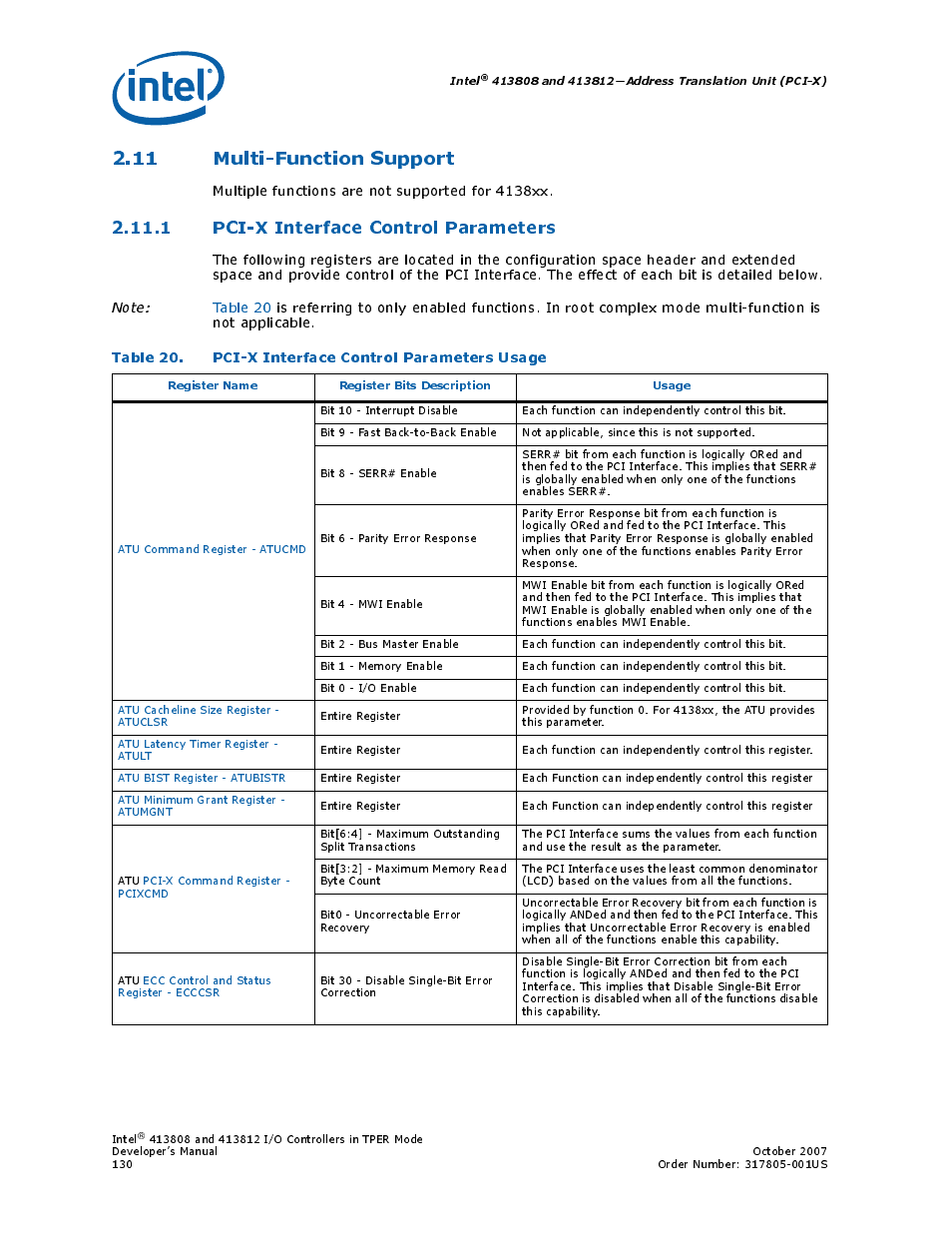 11 multi-function support, 1 pci-x interface control parameters, Table 20. pci-x interface control parameters usage | 20 pci-x interface control parameters usage, Multiple functions are not supported for 4138xx | Intel CONTROLLERS 413808 User Manual | Page 130 / 824