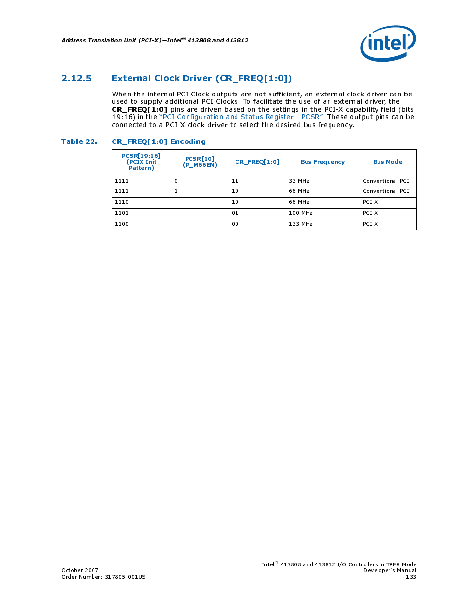 5 external clock driver (cr_freq[1:0]), Table 22. cr_freq[1:0] encoding, 5 external clock driver | Cr_freq[1:0 | Intel CONTROLLERS 413808 User Manual | Page 133 / 824