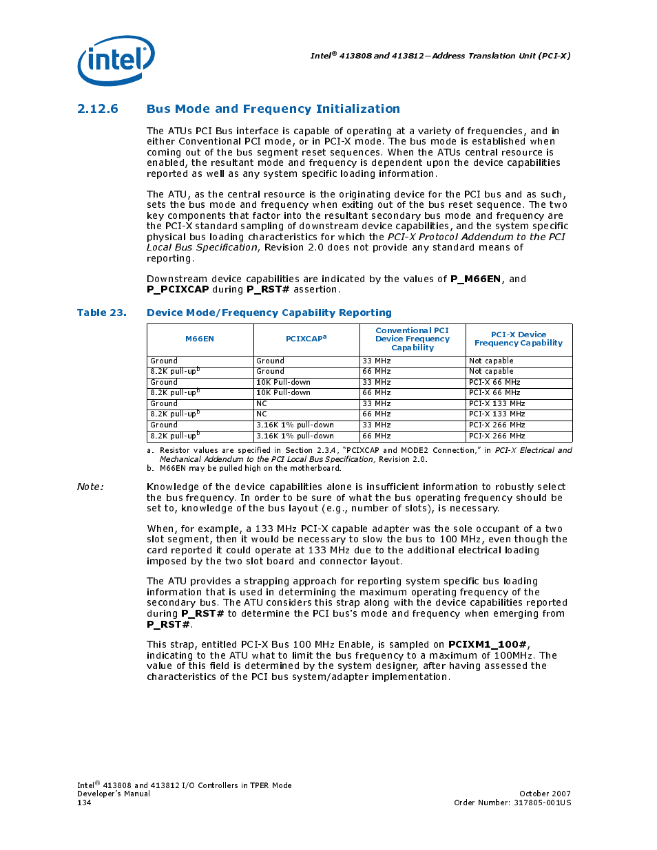 6 bus mode and frequency initialization, 23 device mode/frequency capability reporting, P_m66en | P_pcixcap, P_rst, Pcixm1_100 | Intel CONTROLLERS 413808 User Manual | Page 134 / 824