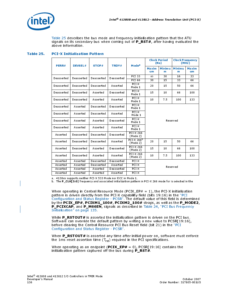 Table 25. pci-x initialization pattern, 25 pci-x initialization pattern, P_rst | Pcix_ep, Pcixm1_100, Pcixm2_100, P_mode2, P_pcixcap, P_m66en, P_rstout | Intel CONTROLLERS 413808 User Manual | Page 136 / 824