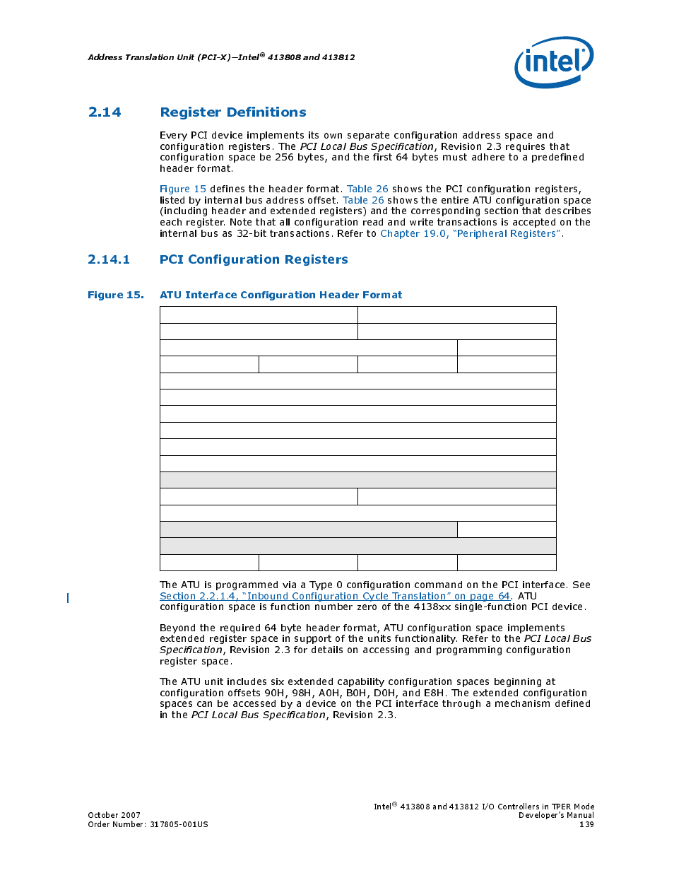 14 register definitions, 1 pci configuration registers, 15 atu interface configuration header format | Intel CONTROLLERS 413808 User Manual | Page 139 / 824