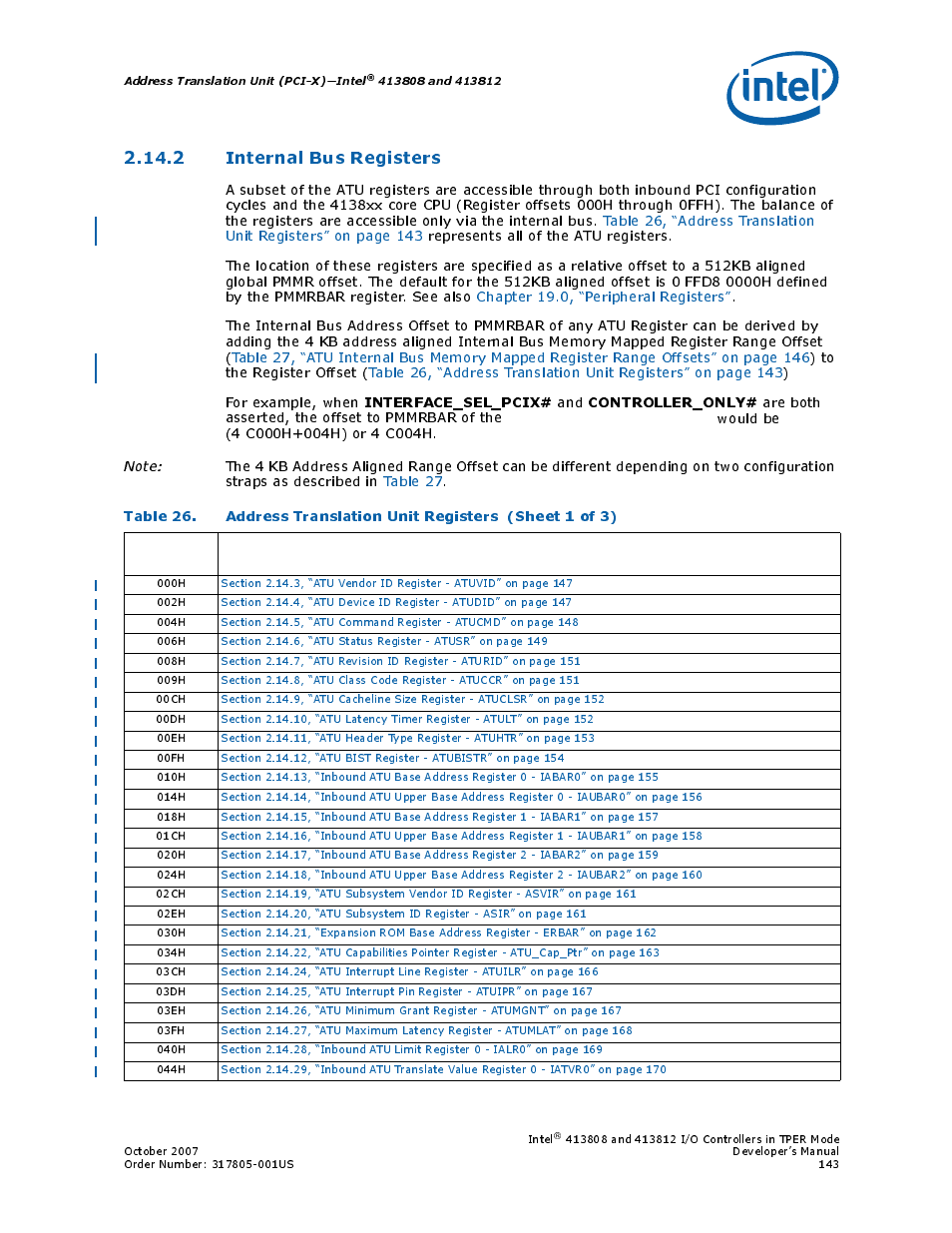 2 internal bus registers, 26 address translation unit registers, Table 26 | Interface_sel_pcix, Controller_only, Are both asserted, the offset to pmmrbar of the | Intel CONTROLLERS 413808 User Manual | Page 143 / 824