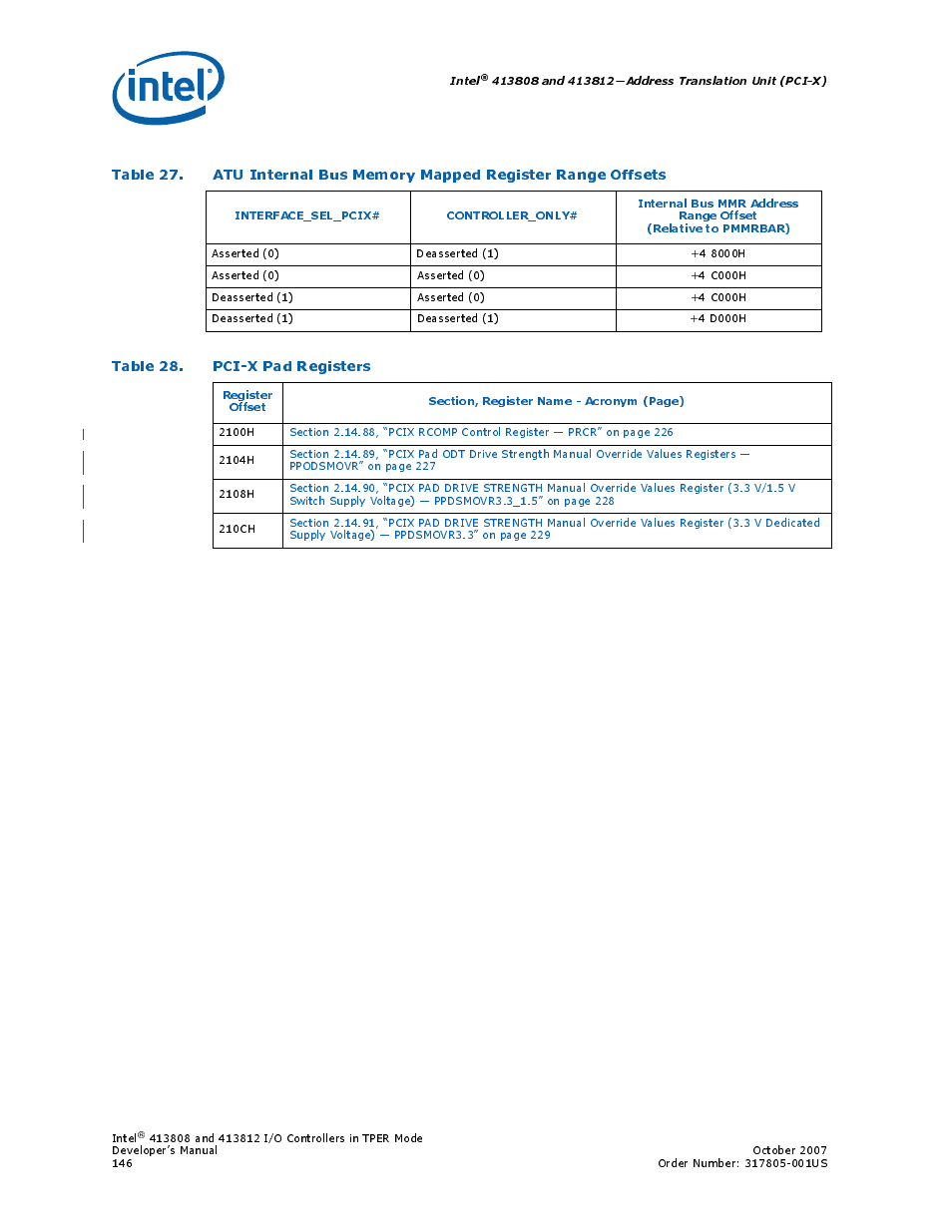 Table 28. pci-x pad registers, 28 pci-x pad registers, Table 27 | Intel CONTROLLERS 413808 User Manual | Page 146 / 824