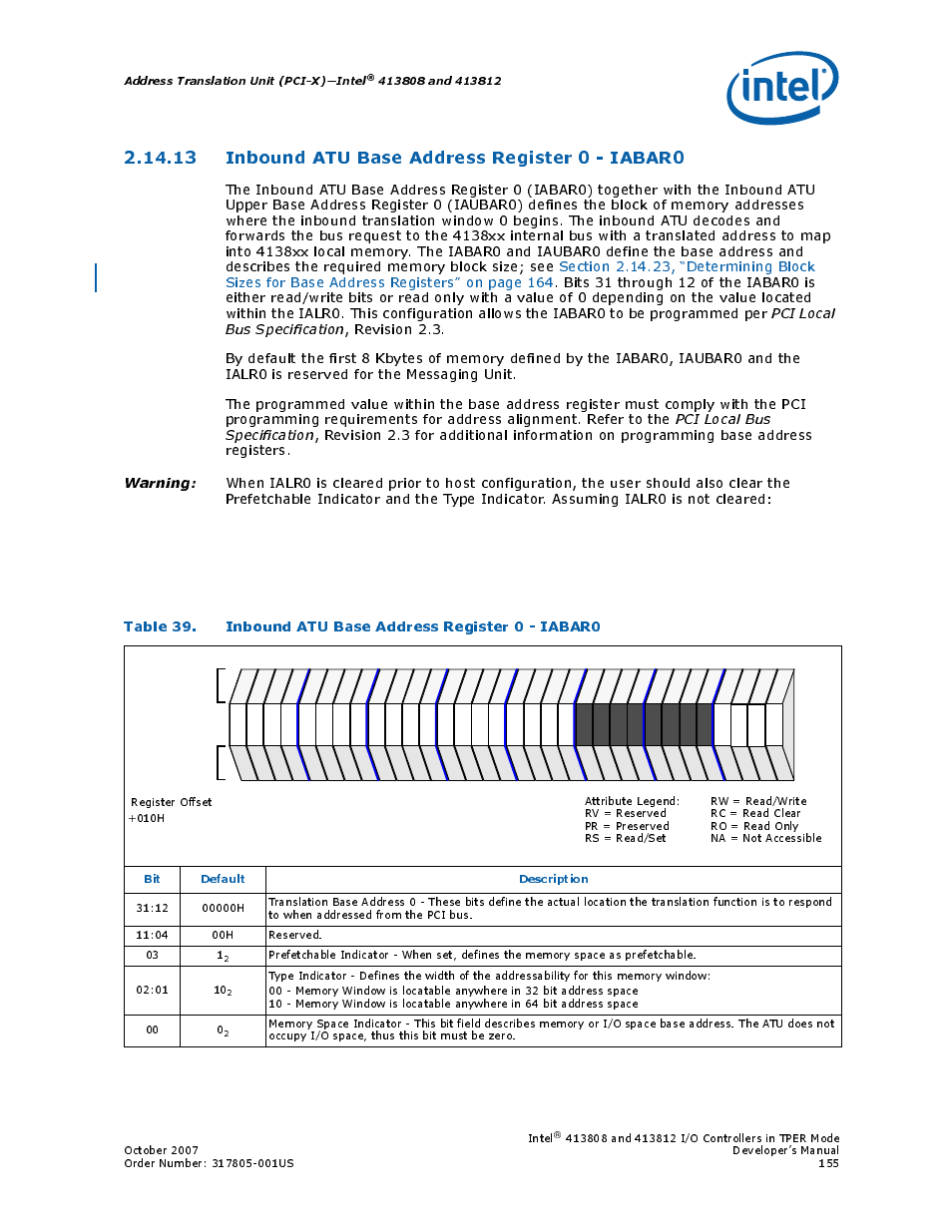 13 inbound atu base address register 0 - iabar0, 13inbound atu base address register 0 - iabar0, 39 inbound atu base address register 0 - iabar0 | Address translation unit (pci-x)—intel, Bit default description | Intel CONTROLLERS 413808 User Manual | Page 155 / 824