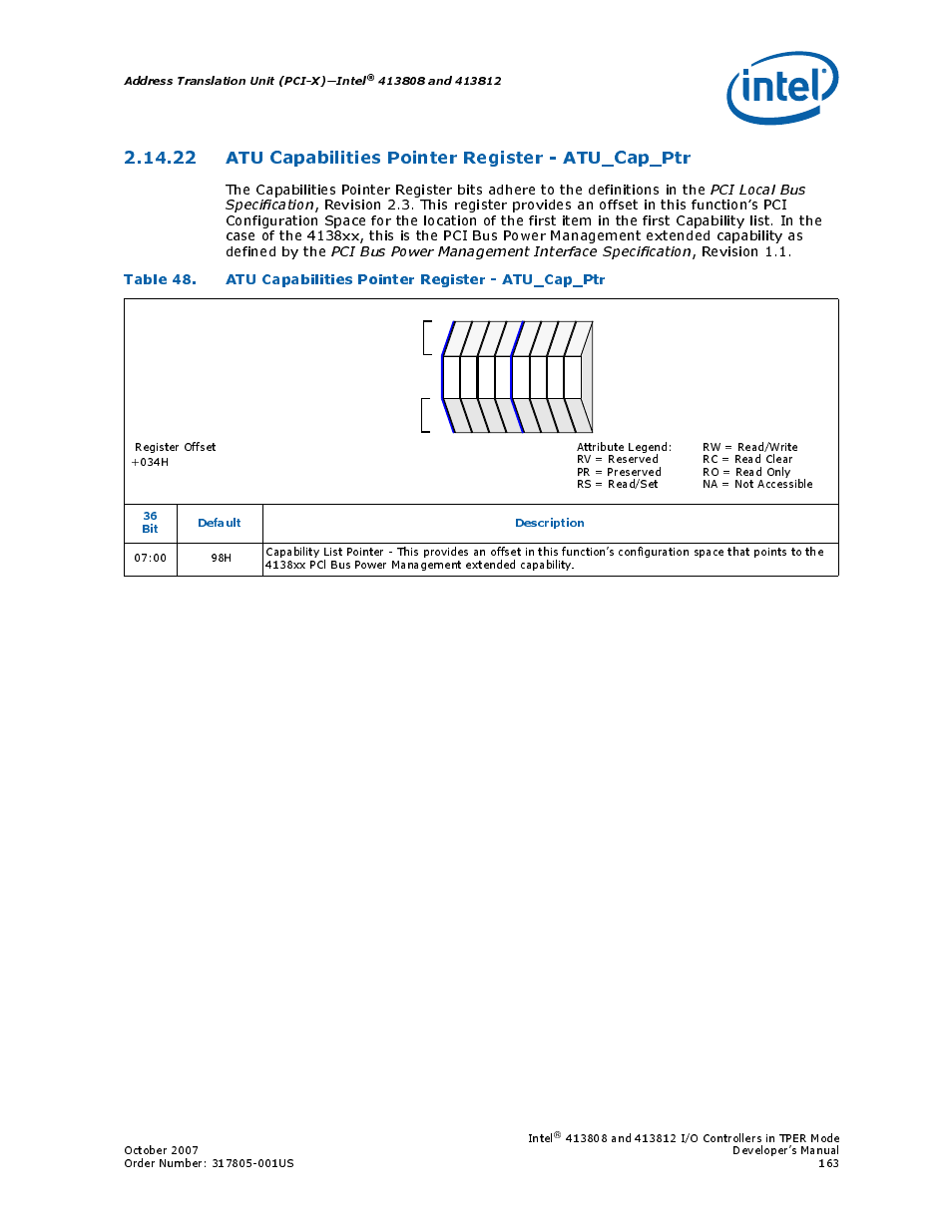 22 atu capabilities pointer register - atu_cap_ptr, 22atu capabilities pointer register - atu_cap_ptr, 48 atu capabilities pointer register - atu_cap_ptr | Section 2.14.22, Address translation unit (pci-x)—intel, 36 bit default description | Intel CONTROLLERS 413808 User Manual | Page 163 / 824
