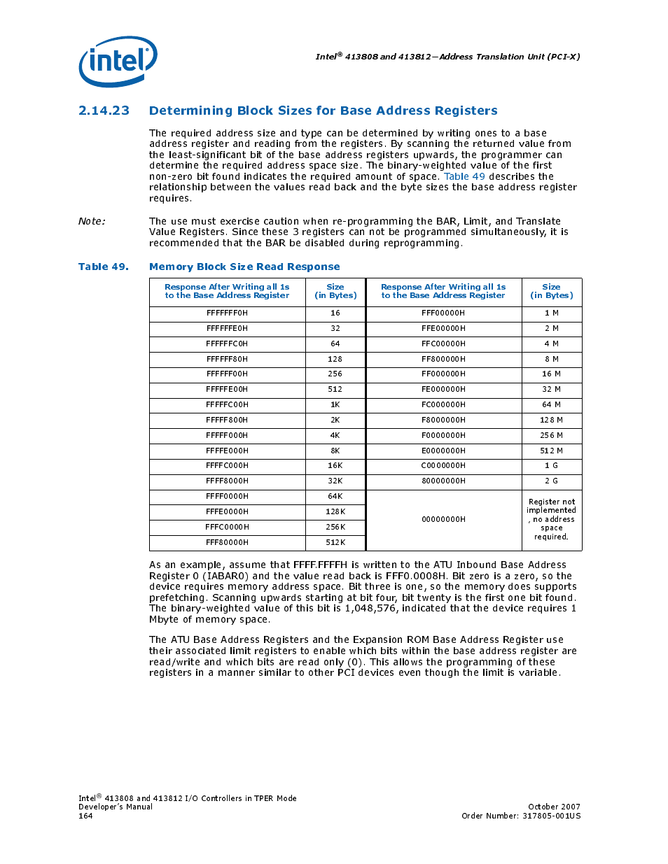 Table 49. memory block size read response, 49 memory block size read response, Section 2.14.23, “determining block | Intel CONTROLLERS 413808 User Manual | Page 164 / 824