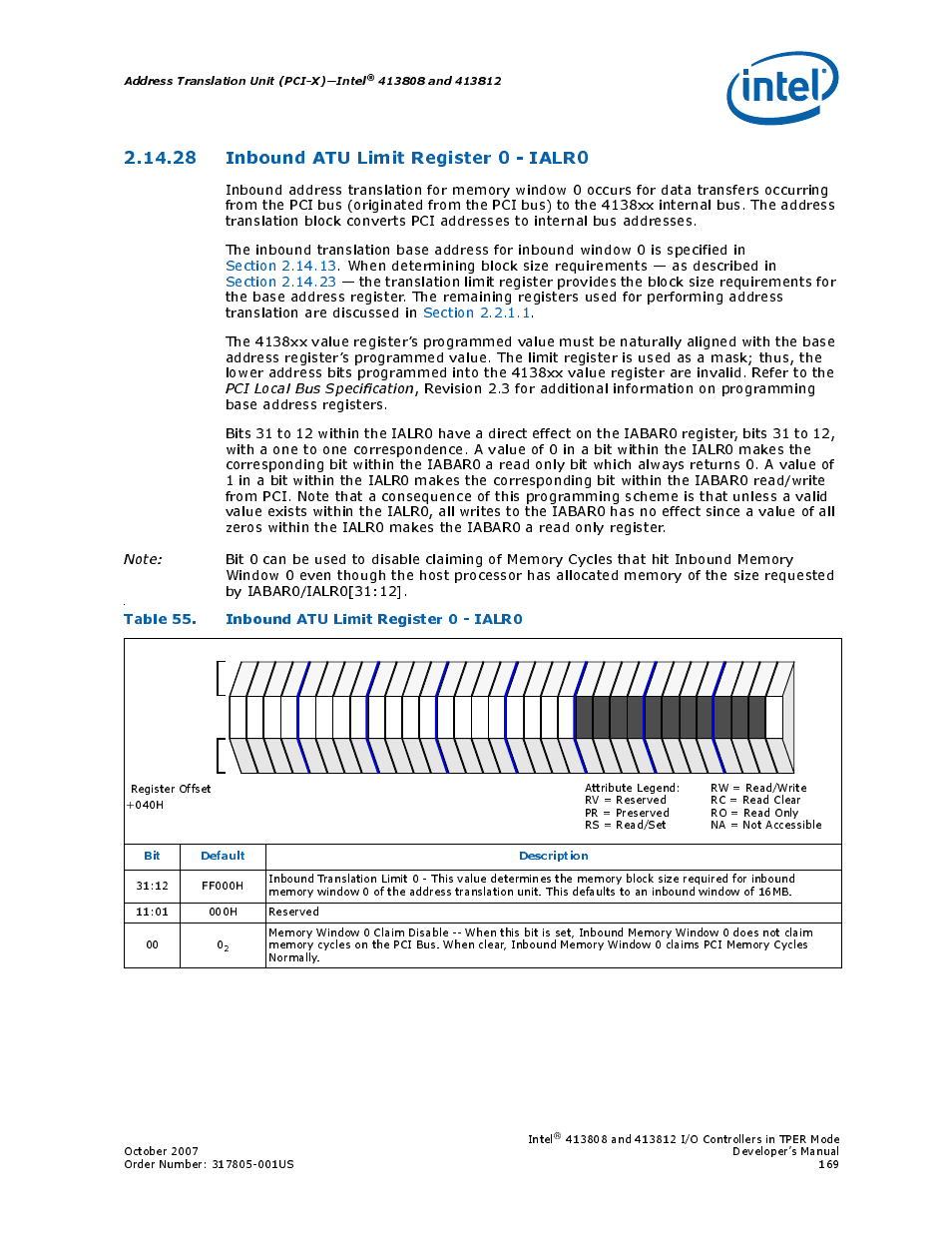 28 inbound atu limit register 0 - ialr0, Table 55. inbound atu limit register 0 - ialr0, 28inbound atu limit register 0 - ialr0 | 55 inbound atu limit register 0 - ialr0, Address translation unit (pci-x)—intel, Bit default description | Intel CONTROLLERS 413808 User Manual | Page 169 / 824