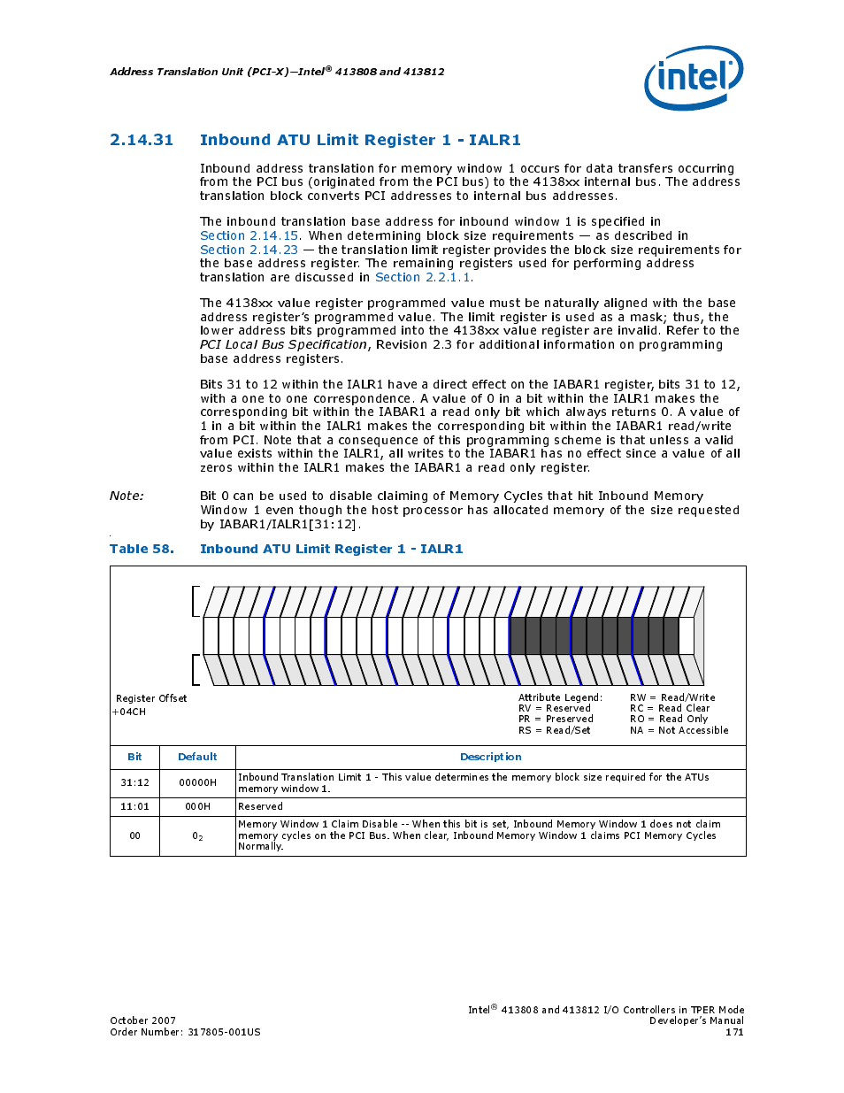 31 inbound atu limit register 1 - ialr1, Table 58. inbound atu limit register 1 - ialr1, 31inbound atu limit register 1 - ialr1 | 58 inbound atu limit register 1 - ialr1, Address translation unit (pci-x)—intel, Bit default description | Intel CONTROLLERS 413808 User Manual | Page 171 / 824