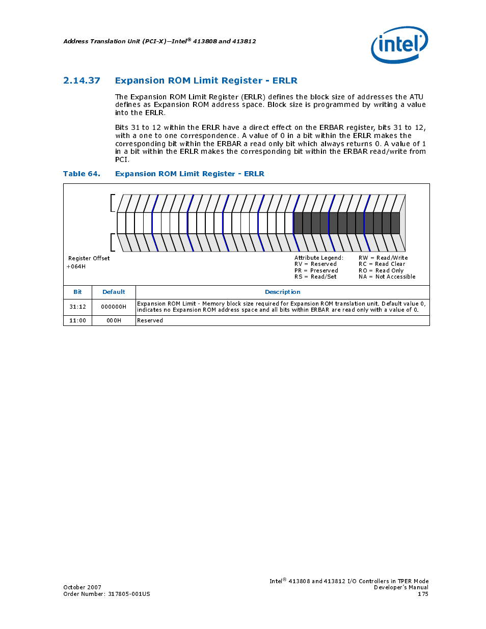 37 expansion rom limit register - erlr, Table 64. expansion rom limit register - erlr, 37expansion rom limit register - erlr | 64 expansion rom limit register - erlr, Section 2.14.37, Address translation unit (pci-x)—intel, Bit default description, Intel | Intel CONTROLLERS 413808 User Manual | Page 175 / 824