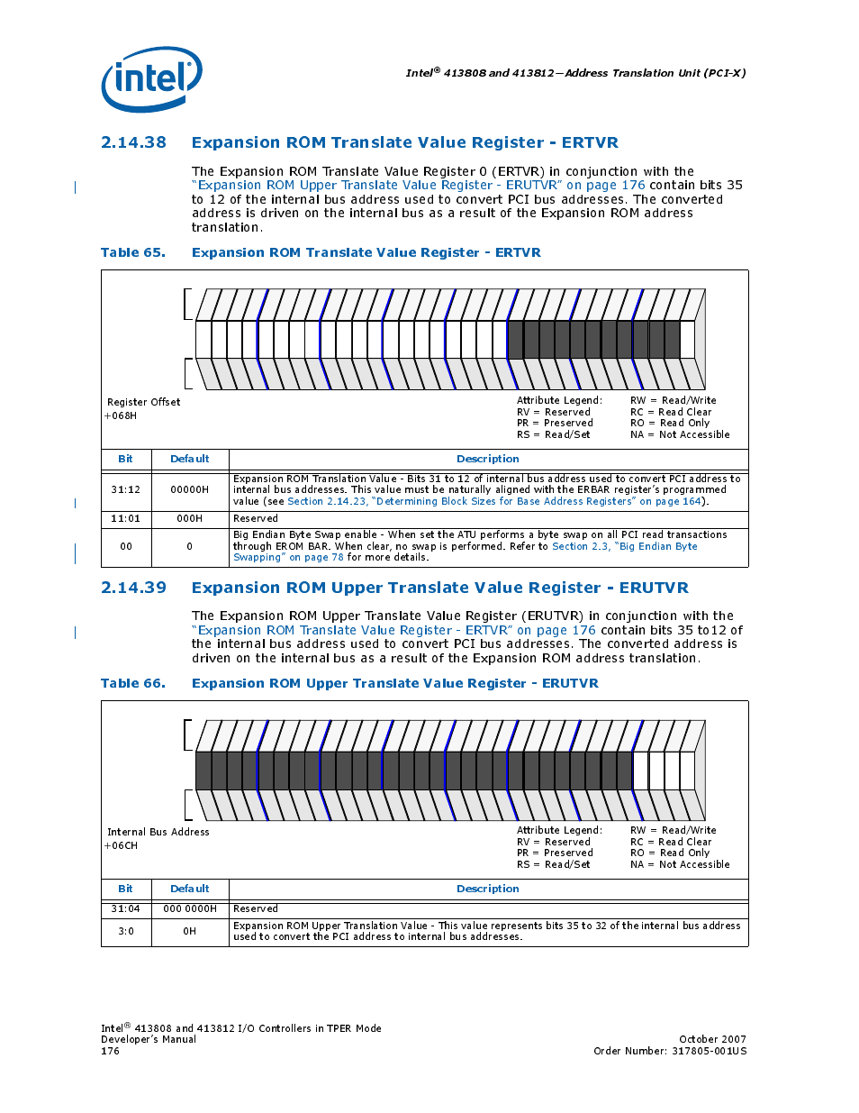 38 expansion rom translate value register - ertvr, 38expansion rom translate value register - ertvr, 65 expansion rom translate value register - ertvr | Section 2.14.39, Intel, Bit default description | Intel CONTROLLERS 413808 User Manual | Page 176 / 824