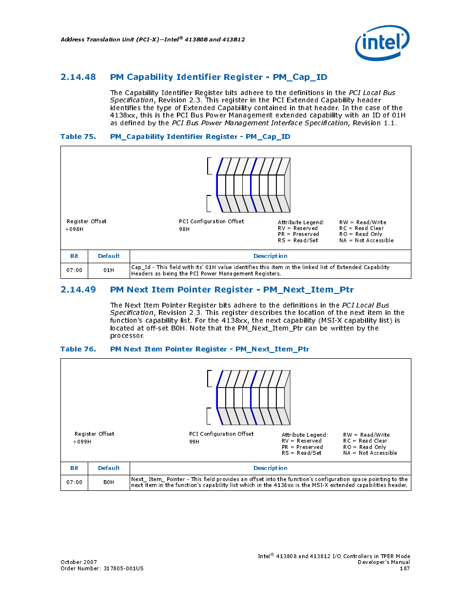 48 pm capability identifier register - pm_cap_id, 48pm capability identifier register - pm_cap_id, 49pm next item pointer register - pm_next_item_ptr | 75 pm_capability identifier register - pm_cap_id, Section 2.14.49, Address translation unit (pci-x)—intel, Bit default description | Intel CONTROLLERS 413808 User Manual | Page 187 / 824