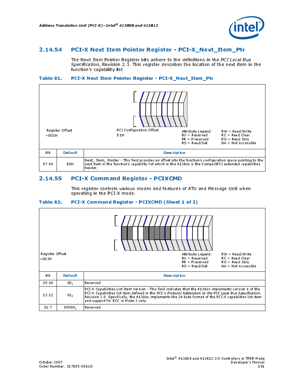 55 pci-x command register - pcixcmd, 55pci-x command register - pcixcmd, 82 pci-x command register - pcixcmd | Section 2.14.55, “pci-x command, Section 2.14.55, “pci-x command register, Pci-x next item pointer register, Pci-x command register, Pcixcmd, Section 2.14.54, Address translation unit (pci-x)—intel | Intel CONTROLLERS 413808 User Manual | Page 191 / 824